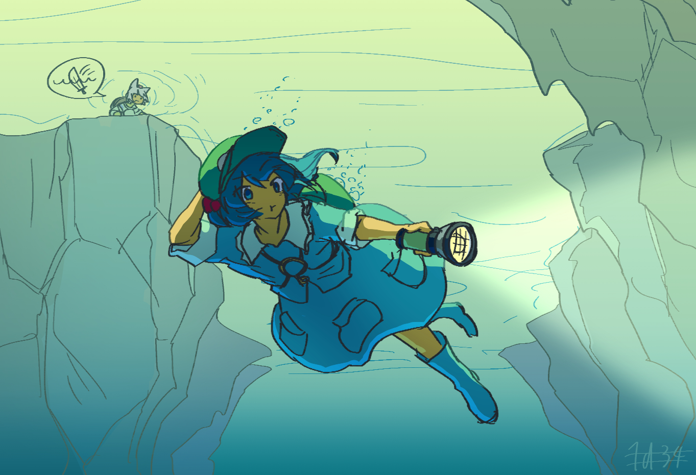 doggo 1d34, inubashiri momiji, kawashiro nitori, touhou, commentary request, 2girls, air bubble, animal ears, backpack, bag, blue boots, blue eyes, blue hair, blue shirt, blue skirt, boots, bubble, closed mouth, flashlight, flashlight beam, green bag, green hat, grey hair, hair bobbles, hair ornament, hat, holding, holding flashlight, key, multiple girls, rubber boots, shirt, signature, skirt, sleeves rolled up, speech bubble, sword, tokin hat, underwater, weapon, wolf ears, wolf girl