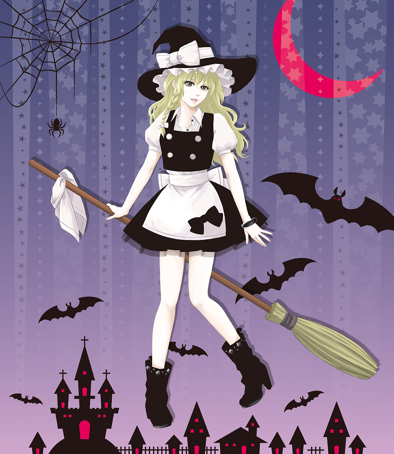 kota tsu, kirisame marisa, touhou, highres, 1girl, bat (animal), blonde hair, boots, bow, bracelet, braid, broom, bug, female focus, green eyes, halloween, hat, high heels, jewelry, long hair, shoes, silk, solo, spider, spider web, witch, witch hat