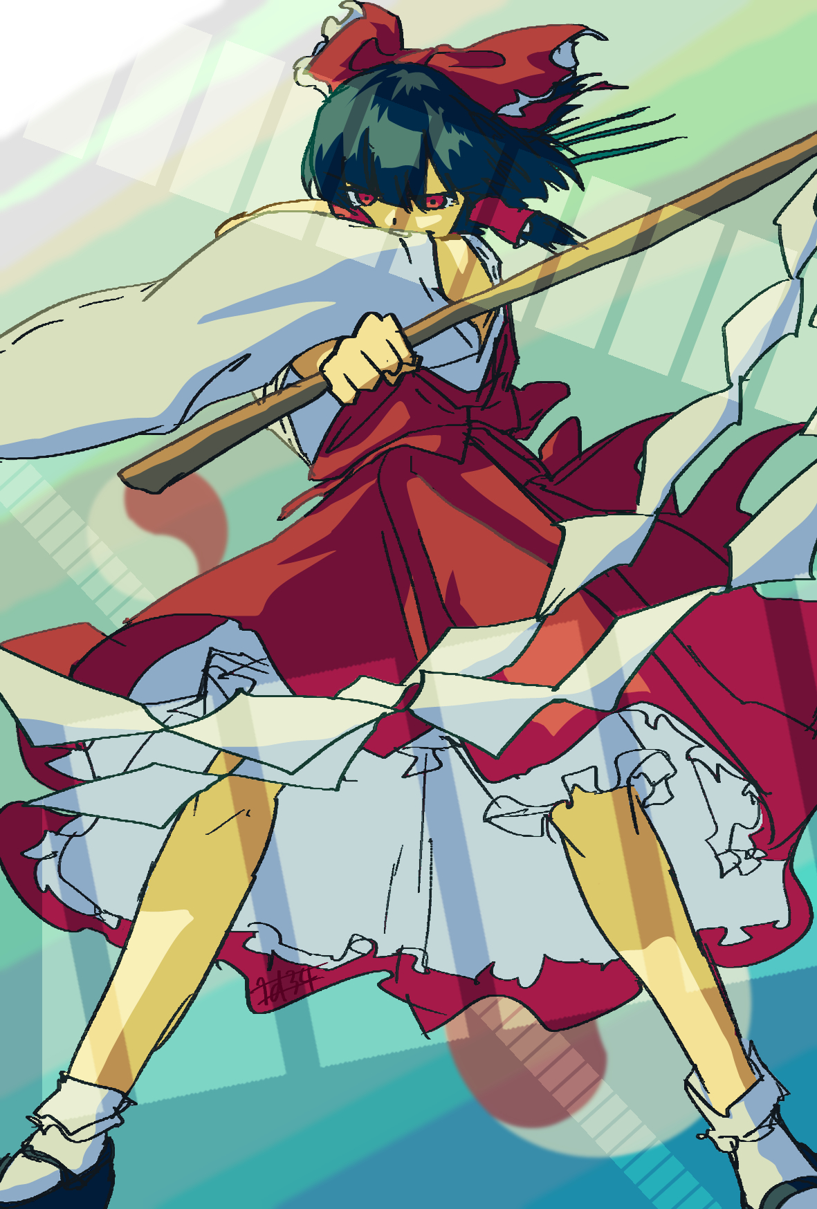 doggo 1d34, hakurei reimu, touhou, commentary request, highres, 1girl, black hair, black shoes, bloomers, bow, detached sleeves, frilled bow, frilled hair tubes, frills, gohei, hair bow, hair tubes, holding, holding gohei, long hair, looking at viewer, mary janes, ofuda, orb, red bow, red eyes, red skirt, ribbon-trimmed sleeves, ribbon trim, shoes, skirt, skirt set, socks, solo, underwear, white bloomers, white socks, yin yang, yin yang orb