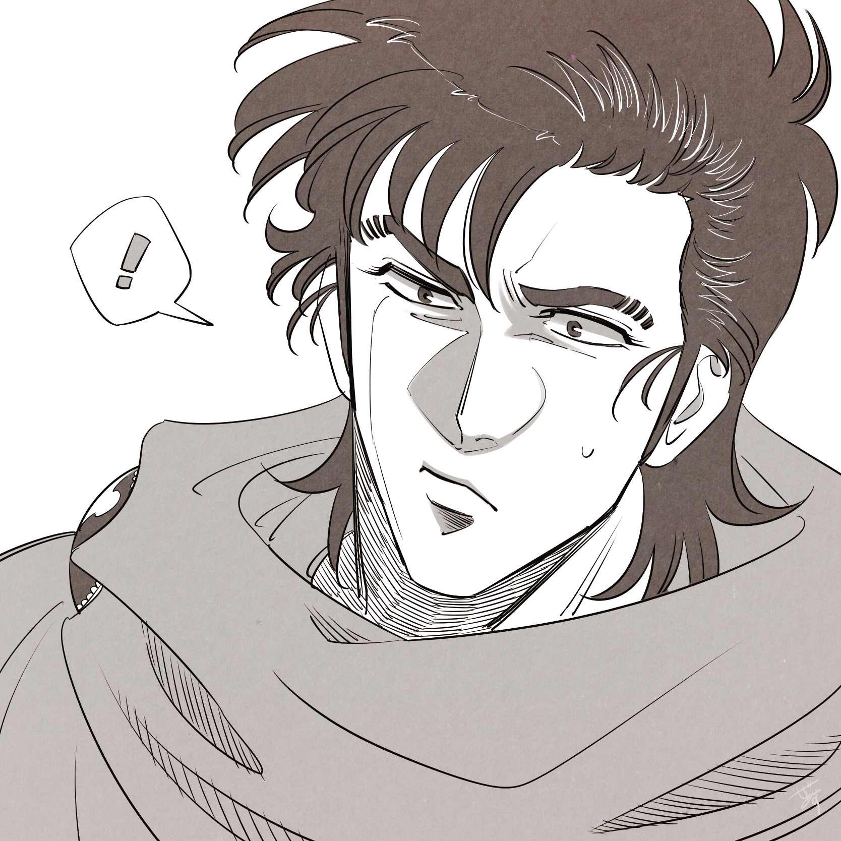 zeus (zearth1996), super doctor k, commentary, highres, !, 1boy, closed mouth, colored skin, constricted pupils, eyebrow cut, eyelashes, flat color, frown, furrowed brow, greyscale, jacket, limited palette, male focus, medium hair, monochrome, portrait, saijou kazuya, sketch, solo, speech bubble, surprised, sweat, sweatdrop, sweater, white background, white skin, wide-eyed