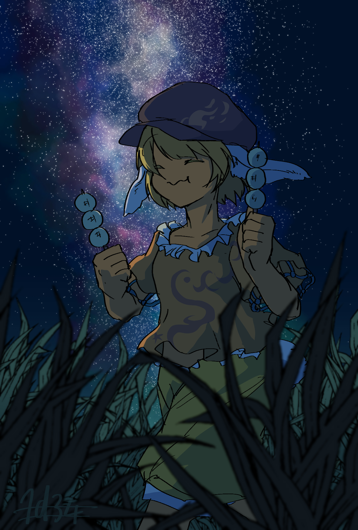 doggo 1d34, ringo (touhou), touhou, commentary request, highres, 1girl, animal ears, blonde hair, brown hat, closed eyes, closed mouth, dango, facing viewer, flat cap, floppy ears, food, grass, happy, hat, holding, holding skewer, night, orange shirt, outdoors, rabbit ears, shirt, short hair, short sleeves, shorts, skewer, sky, smile, solo, star (sky), starry sky, wagashi, yellow shorts