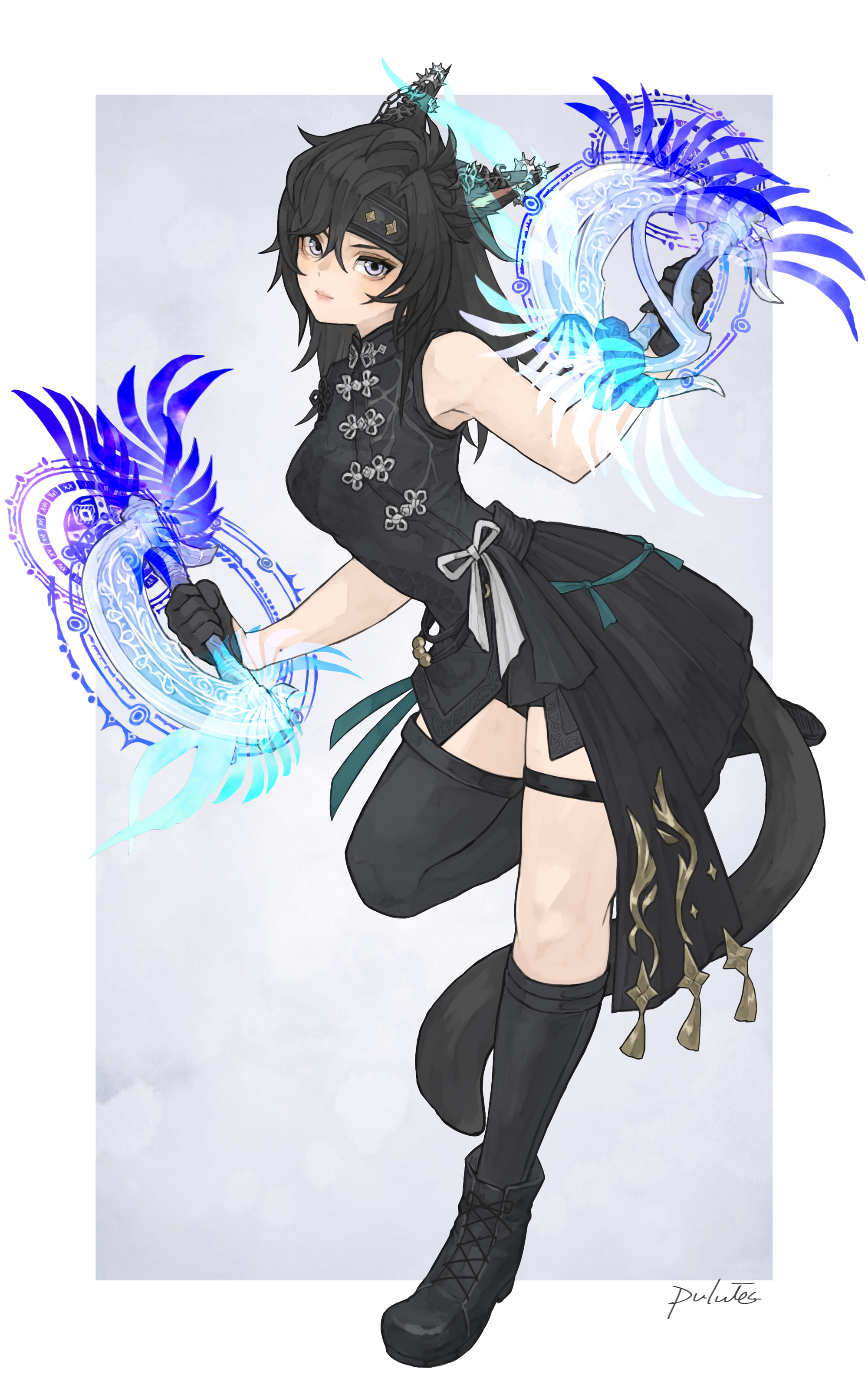 puluie, warrior of light (ff14), final fantasy, final fantasy xiv, original, absurdres, commentary request, commission, highres, skeb commission, 1girl, animal ears, asymmetrical legwear, black boots, black gloves, black hair, black headband, black shirt, black skirt, black socks, black thighhighs, boots, border, breasts, cat ears, cat girl, cat tail, chakram, closed mouth, ear ornament, earrings, full body, gloves, grey background, headband, holding, holding weapon, jewelry, kneehighs, leg up, lips, long hair, looking at viewer, medium breasts, miqo'te, multiple earrings, outside border, parted bangs, purple eyes, shirt, side part, signature, skirt, sleeveless, sleeveless shirt, socks, solo, spiked ear piercing, standing, standing on one leg, tail, thigh strap, thighhighs, weapon, white border