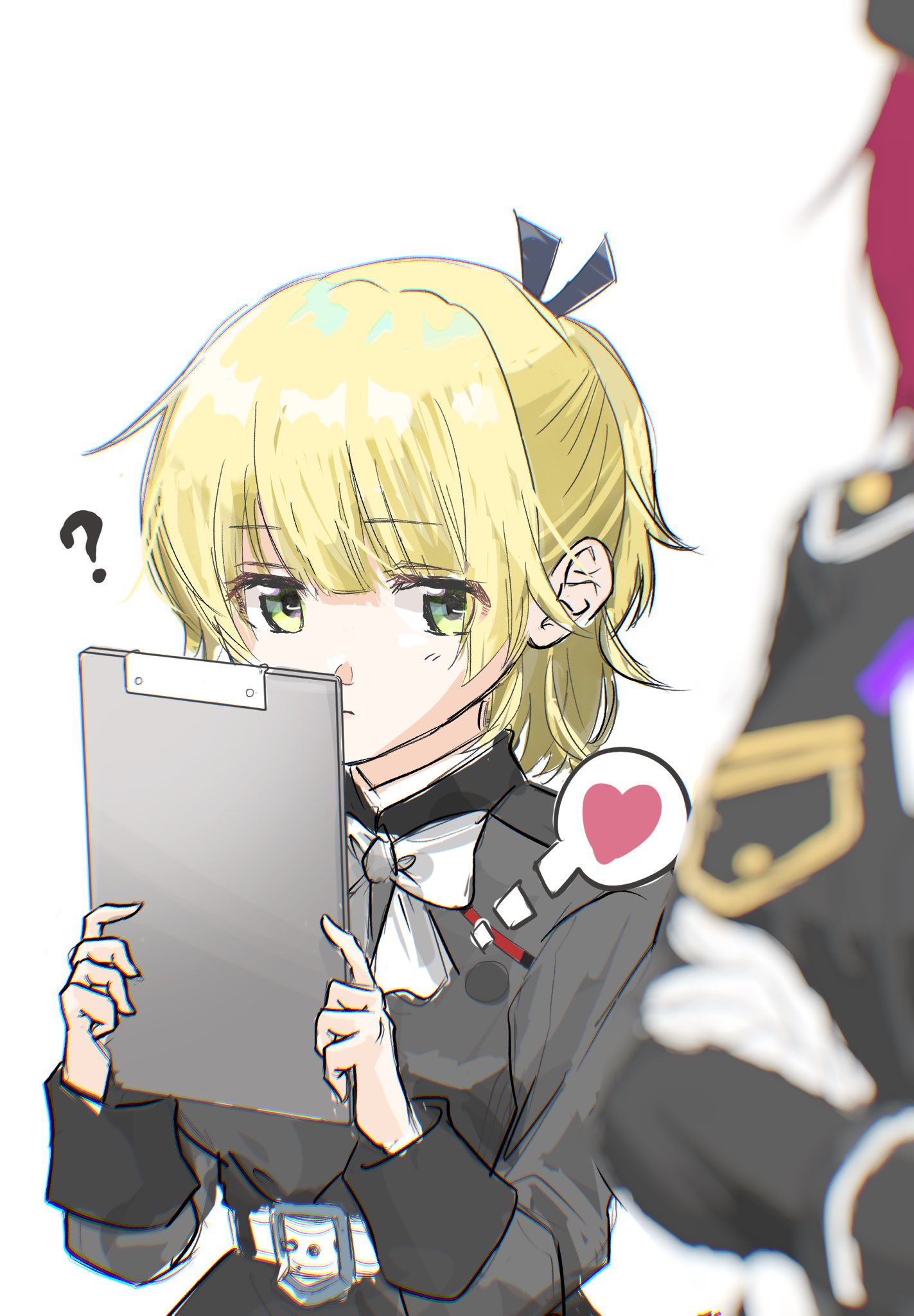 nanase nanami (heaven burns red), tezuka saki, heaven burns red, commentary request, highres, 2girls, ?, belt, blonde hair, bow, bowtie, clipboard, gingham (gingham420), green eyes, hair ornament, heart, holding, holding clipboard, implied yuri, multiple girls, short hair, spoken heart