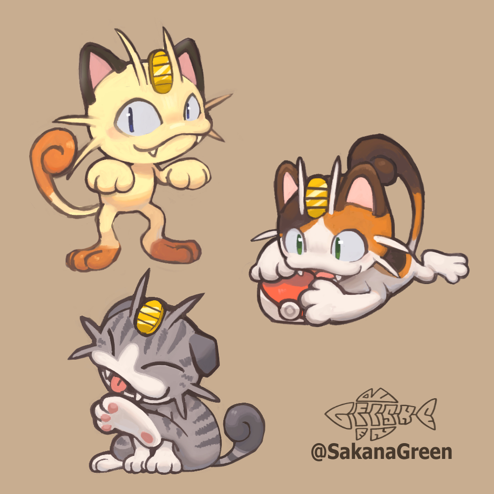 sakanagreen, meowth, nintendo, pokemon, commentary, alternate design, alternate fur color, animal ears, artist name, brown background, calico (pattern), calico cat, cat ears, coin, gen 1 pokemon, gold coin, no humans, poke ball, simple background, striped fur, tabby cat, tail, whiskers