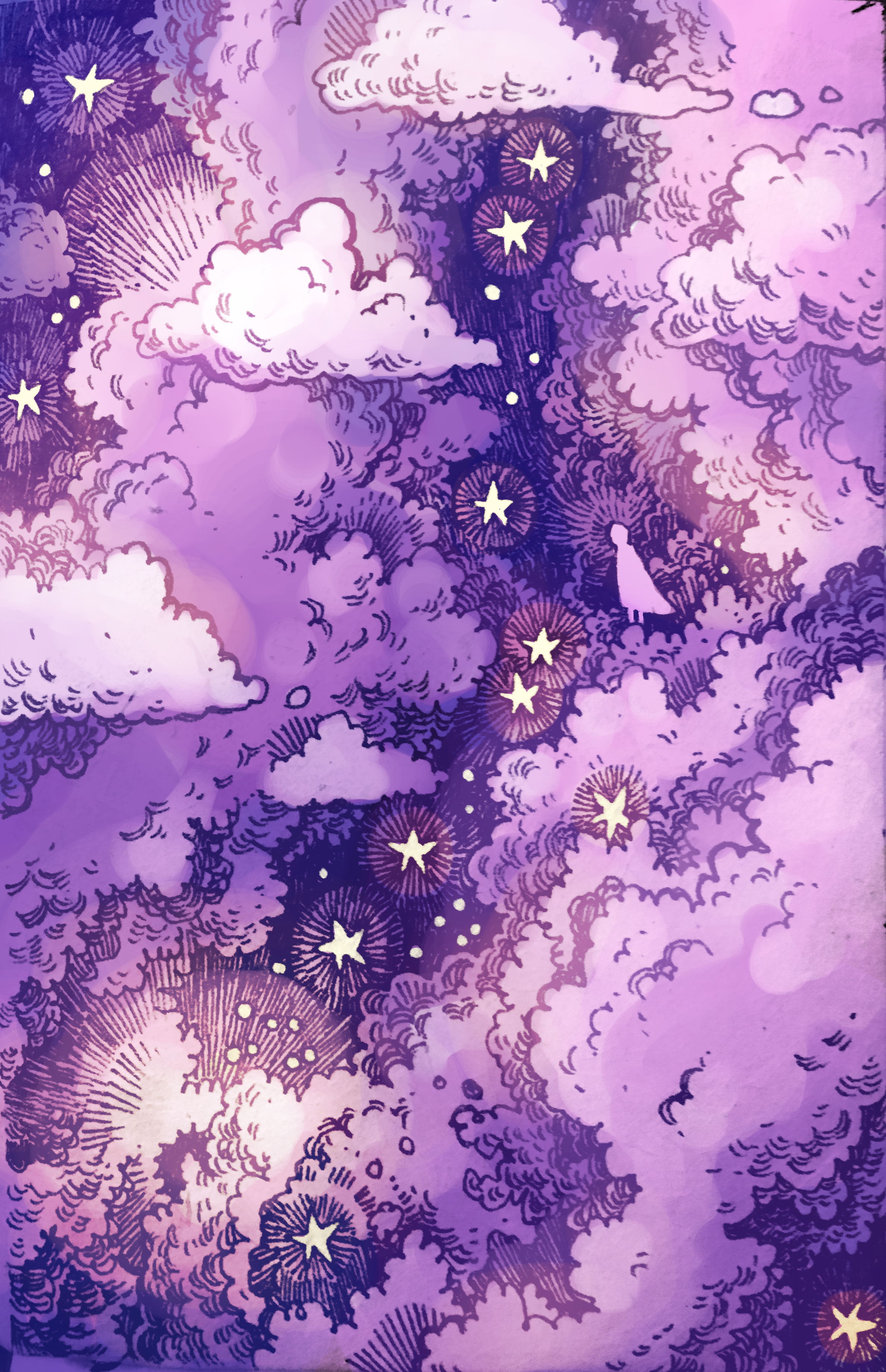 original, absurdres, commentary, english commentary, highres, cloud, cloud focus, cloudy sky, cumulonimbus cloud, fantasy, glowing, halo, hatching (texture), maria capelle frantz, monochrome, nature, night, on cloud, outdoors, purple clouds, purple sky, purple theme, scenery, silhouette, sky, sky focus, solo, standing, star (sky), star (symbol), very wide shot