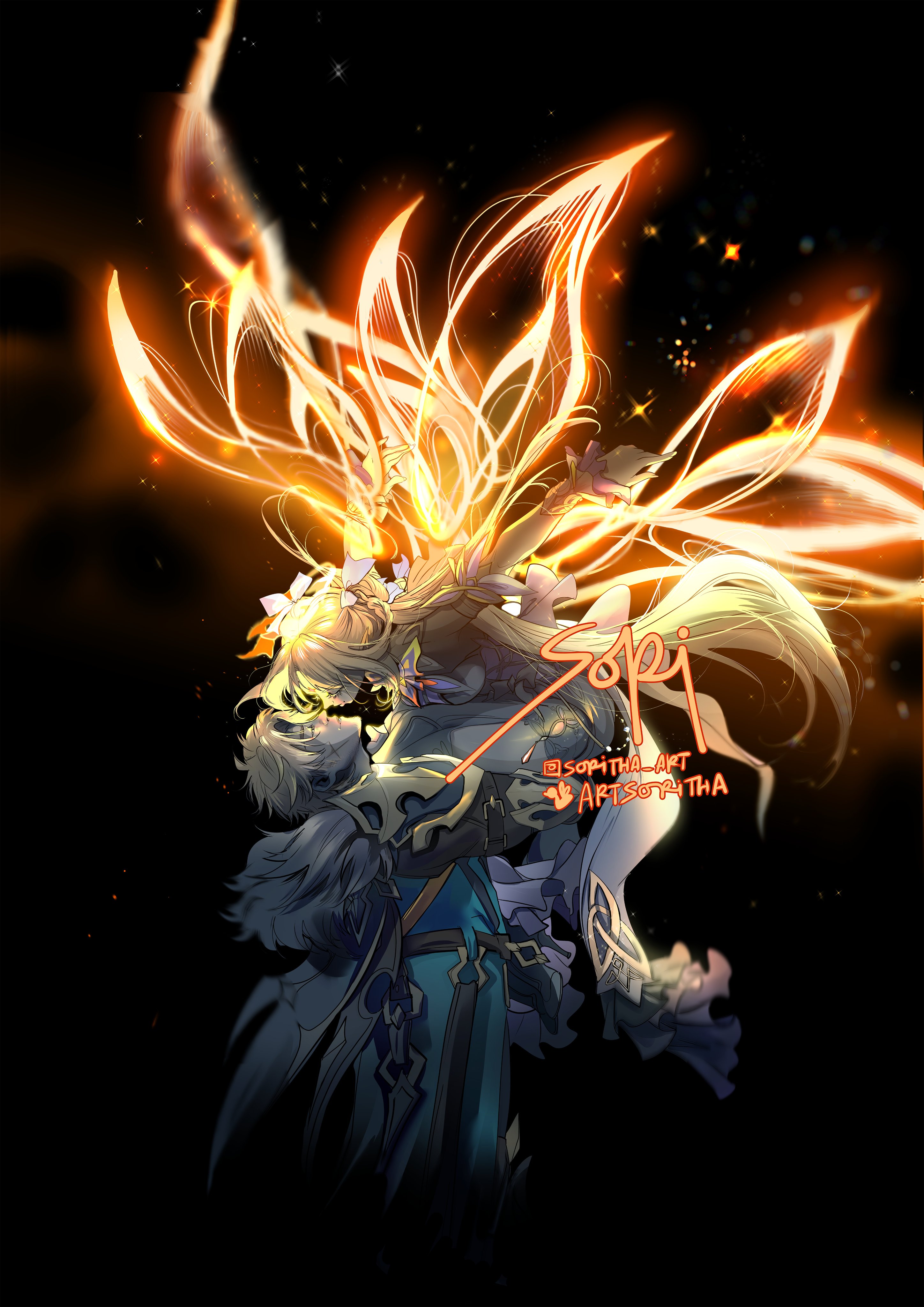 artsoritha, nicole reeyn, varka (genshin impact), genshin impact, absurdres, commentary, english commentary, highres, 1boy, 1girl, armor, artist name, black background, blonde hair, dress, glowing, glowing wings, green jacket, halo, jacket, lifting person, long hair, looking at another, pauldrons, short hair, shoulder armor, simple background, white dress, wings, yellow wings