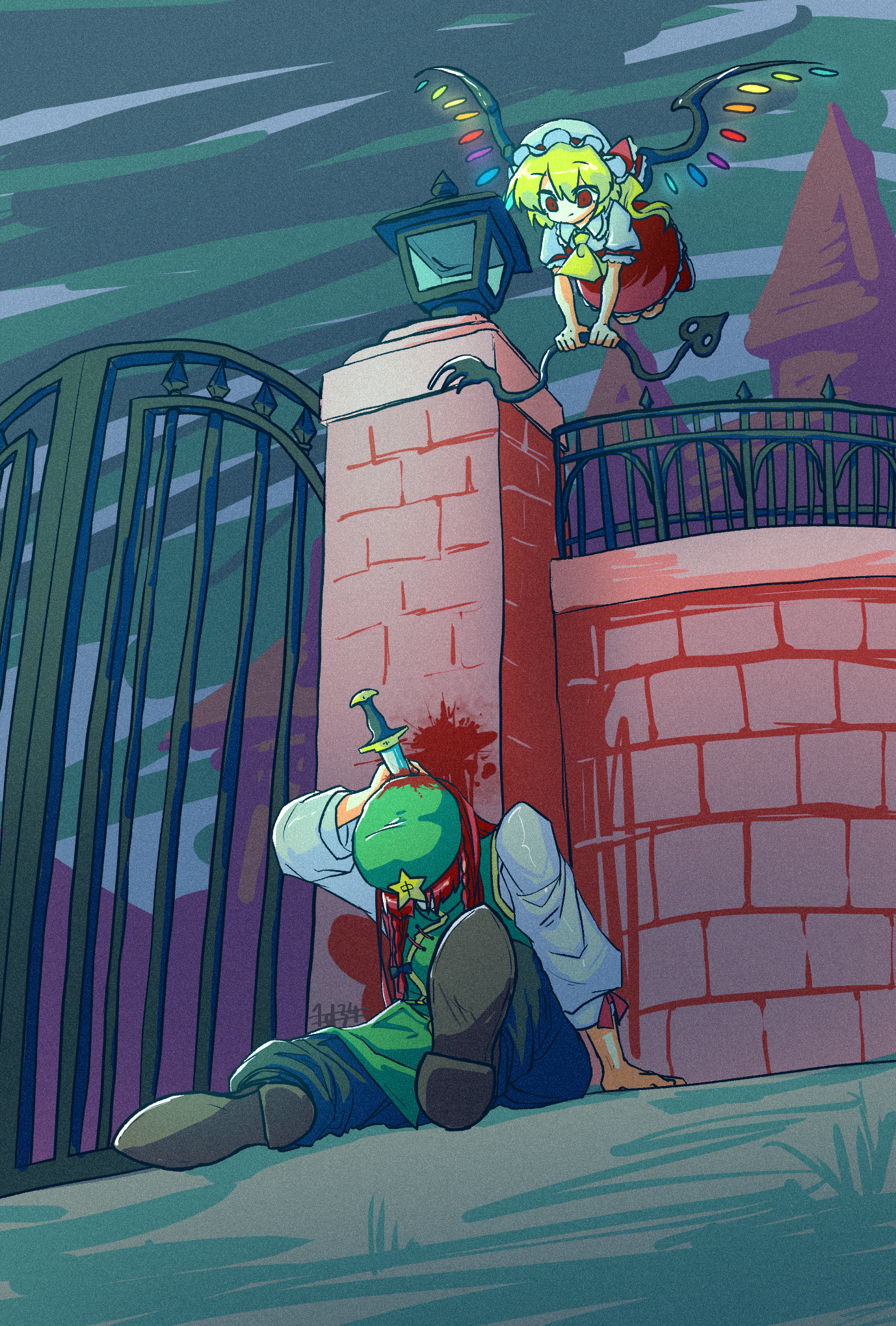 doggo 1d34, flandre scarlet, hong meiling, touhou, commentary request, highres, 2girls, ascot, beret, blonde hair, blood, blood on clothes, braid, collared shirt, crystal, crystal wings, flying, gate, green pants, hat, hat ornament, hat ribbon, holding, holding weapon, knife, knifed, laevatein (touhou), mob cap, multicolored wings, multiple girls, one side up, outdoors, pants, puffy short sleeves, puffy sleeves, red eyes, red hair, red skirt, red vest, ribbon, scarlet devil mansion, shirt, shoes, short sleeves, sitting, skirt, skirt set, star (symbol), star hat ornament, vest, weapon, white hat, white shirt, wings, yellow ascot