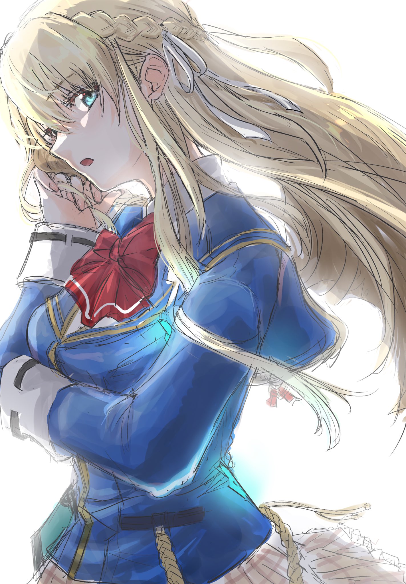 toujou tsukasa, heaven burns red, highres, 1girl, adjusting hair, blonde hair, blue eyes, bow, bowtie, braid, from side, gingham (gingham420), hair ribbon, long hair, red bow, red bowtie, ribbon, school uniform