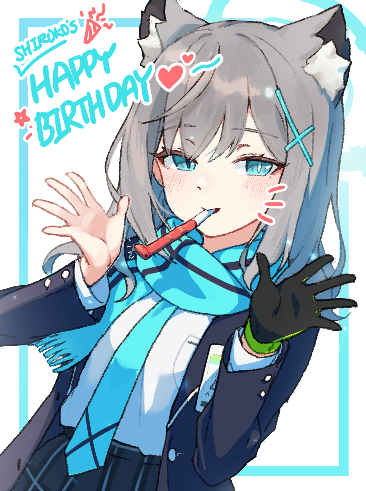 bamyamsj, shiroko (blue archive), blue archive, commentary, highres, 1girl, animal ear fluff, animal ears, black gloves, black jacket, black skirt, blue eyes, blue halo, blue scarf, blush, bright pupils, character name, cowboy shot, cross hair ornament, dutch angle, extra ears, gloves, grey hair, hair between eyes, hair ornament, halo, hands up, happy, happy birthday, heart, id card, jacket, long sleeves, looking at viewer, medium hair, mismatched pupils, mouth hold, open clothes, open jacket, outstretched hand, party horn, plaid clothes, plaid skirt, scarf, school uniform, shirt, simple background, single glove, skirt, slit pupils, smile, solo, straight hair, tsurime, two-sided gloves, white background, white pupils, white shirt, wolf ears, wolf girl