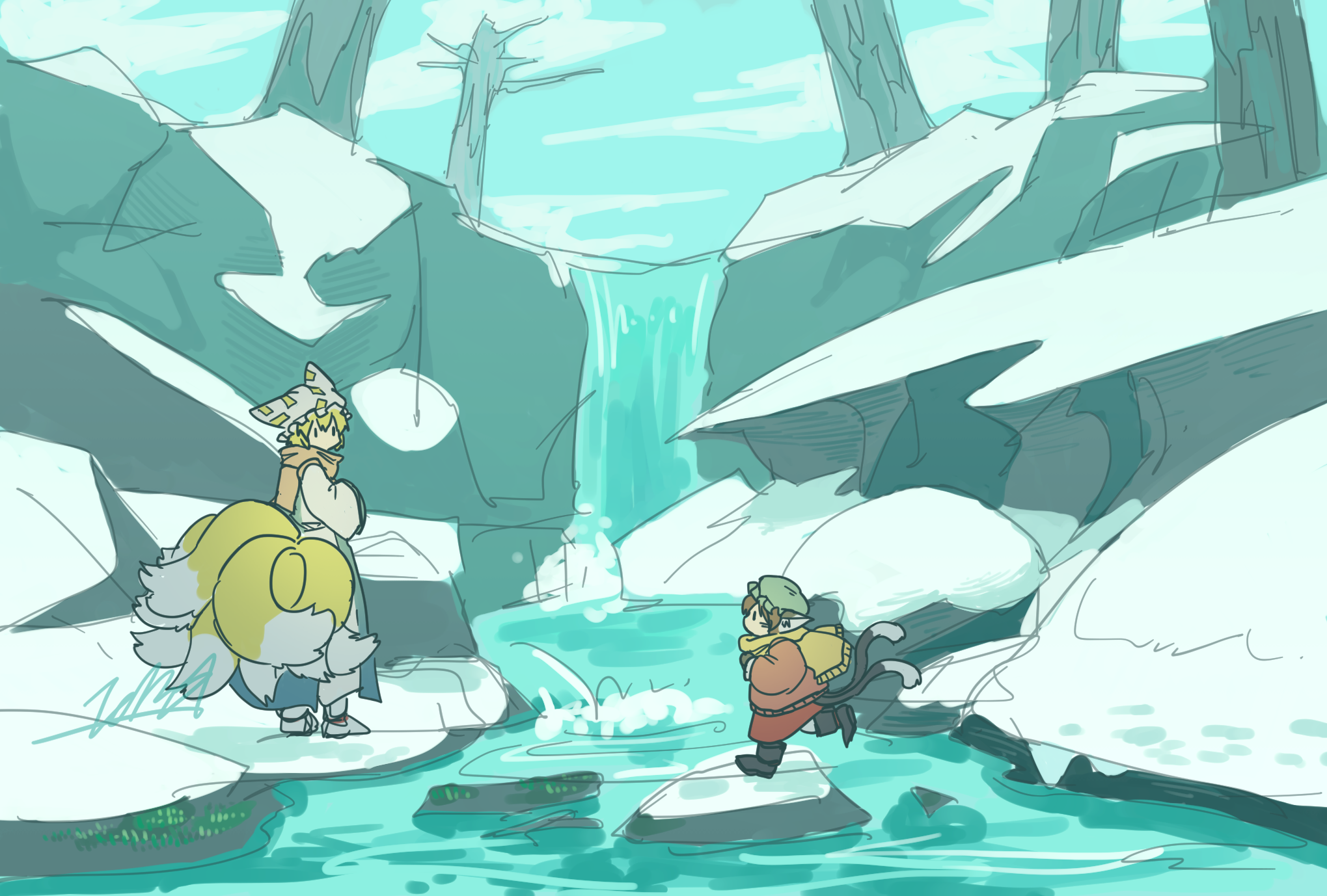 doggo 1d34, chen, yakumo ran, touhou, commentary request, highres, 2girls, animal ears, animal hat, bare tree, blonde hair, blue sky, boots, brown boots, cat ears, cat tail, cloud, day, fox tail, green hat, hat, kitsune, mob cap, multiple girls, multiple tails, nekomata, one-hour drawing challenge, orange scarf, orange sweater, outdoors, red skirt, scarf, signature, skirt, sky, snow, stream, sweater, tabard, tail, tree, two tails, water, waterfall, winter, yellow scarf