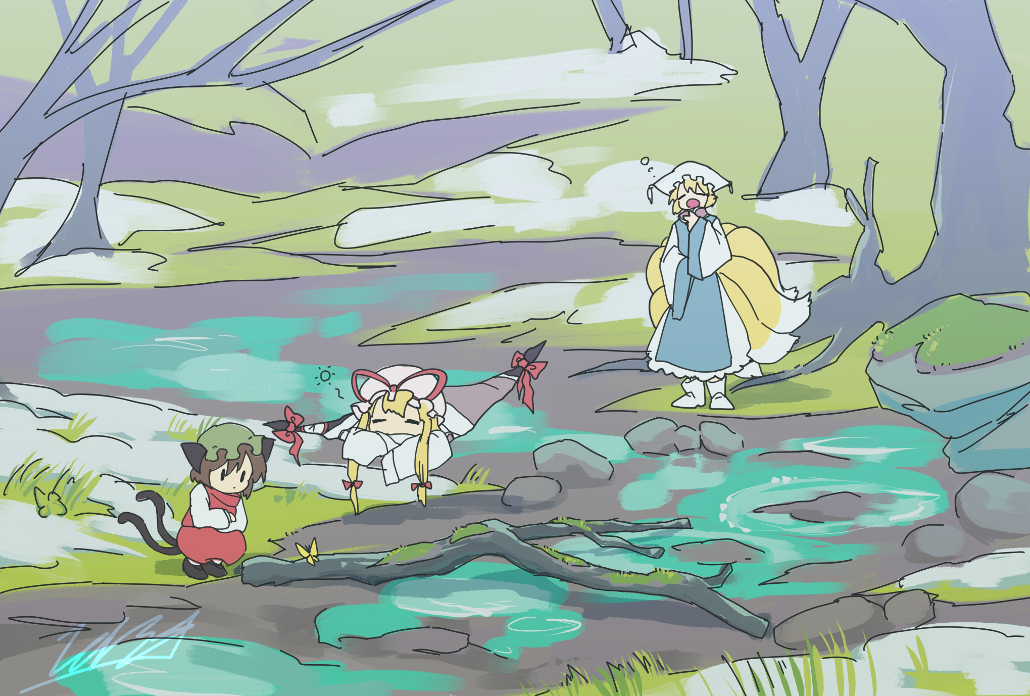 doggo 1d34, chen, yakumo ran, yakumo yukari, touhou, commentary request, highres, 3girls, animal ears, animal hat, blonde hair, blue tabard, boots, cat ears, cat tail, closed eyes, fox tail, gap (touhou), green hat, hat, hat ribbon, kitsune, mob cap, multiple girls, multiple tails, nekomata, one-hour drawing challenge, open mouth, outdoors, red ribbon, red skirt, red vest, ribbon, signature, skirt, sleeping, squatting, squeans, tabard, tail, two tails, vest, water, white boots, yawning