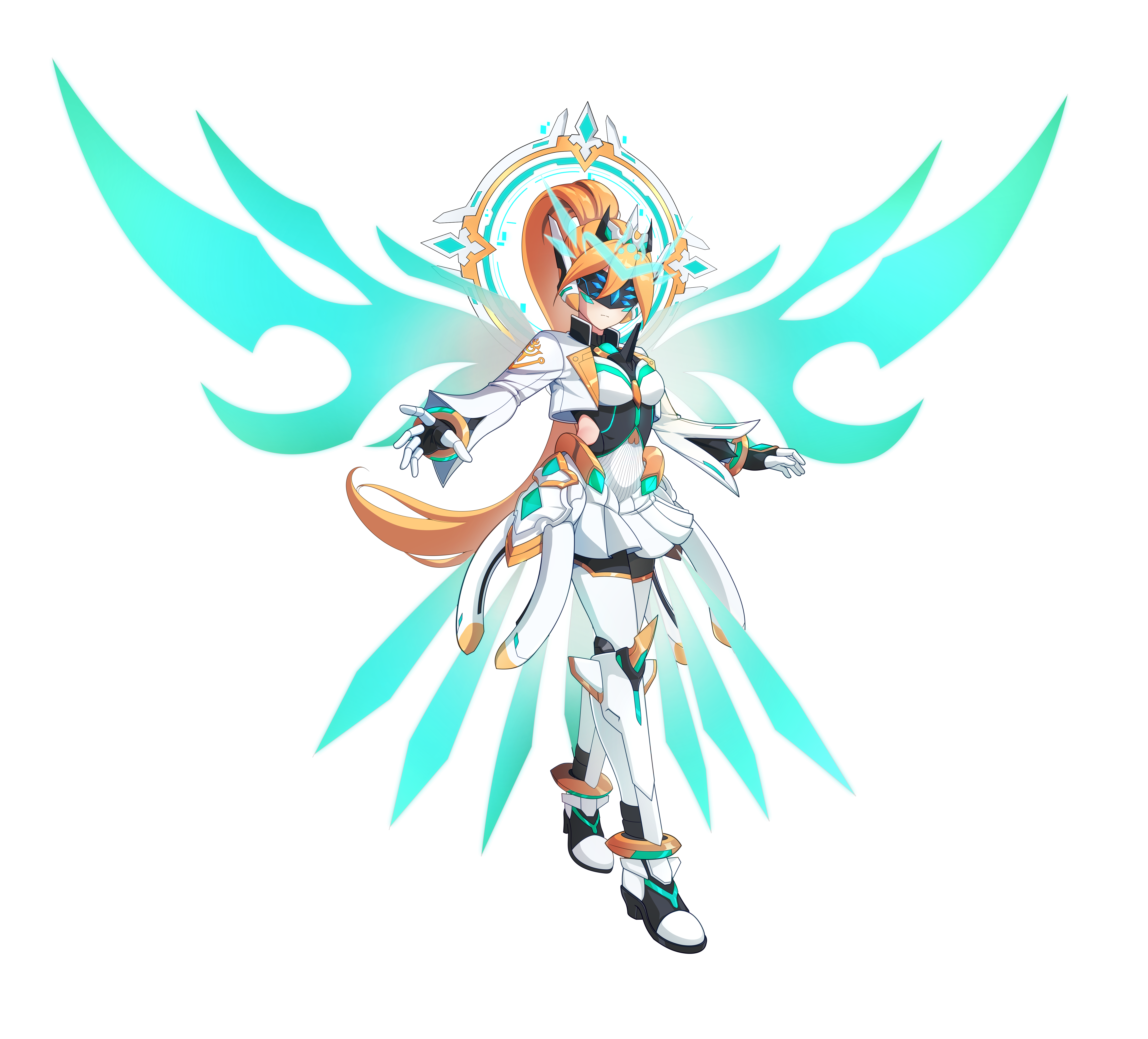 uta guipiy, ciel (mega man), code: antithese (elsword), code: esencia (elsword), code: sariel (elsword), code: ultimate (elsword), eve (elsword), elsword, mega man (series), mega man zero (series), mega man zx, absurdres, highres, non-web source, 1girl, armored boots, assault visor, biometal, blue eyes, bodystocking, bodysuit, boots, breasts, chest jewel, cropped jacket, crossover, energy wings, facial mark, full body, gloves, halo, high heel boots, high heels, hip armor, long bangs, long hair, long sleeves, mechanical ears, mechanical halo, ponytail, skirt, small breasts, solo, thigh armor, thigh boots, transparent background