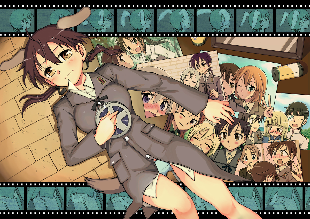 niina ryou, charlotte e. yeager, eila ilmatar juutilainen, erica hartmann, francesca lucchini, gertrud barkhorn, lynette bishop, minna-dietlinde wilcke, miyafuji yoshika, perrine h. clostermann, sakamoto mio, sanya v. litvyak, strike witches, world witches series, bad id, bad pixiv id, 6+girls, blush, everyone, film, film strip, lying, military, military uniform, multiple girls, on back, panties, smile, underwear