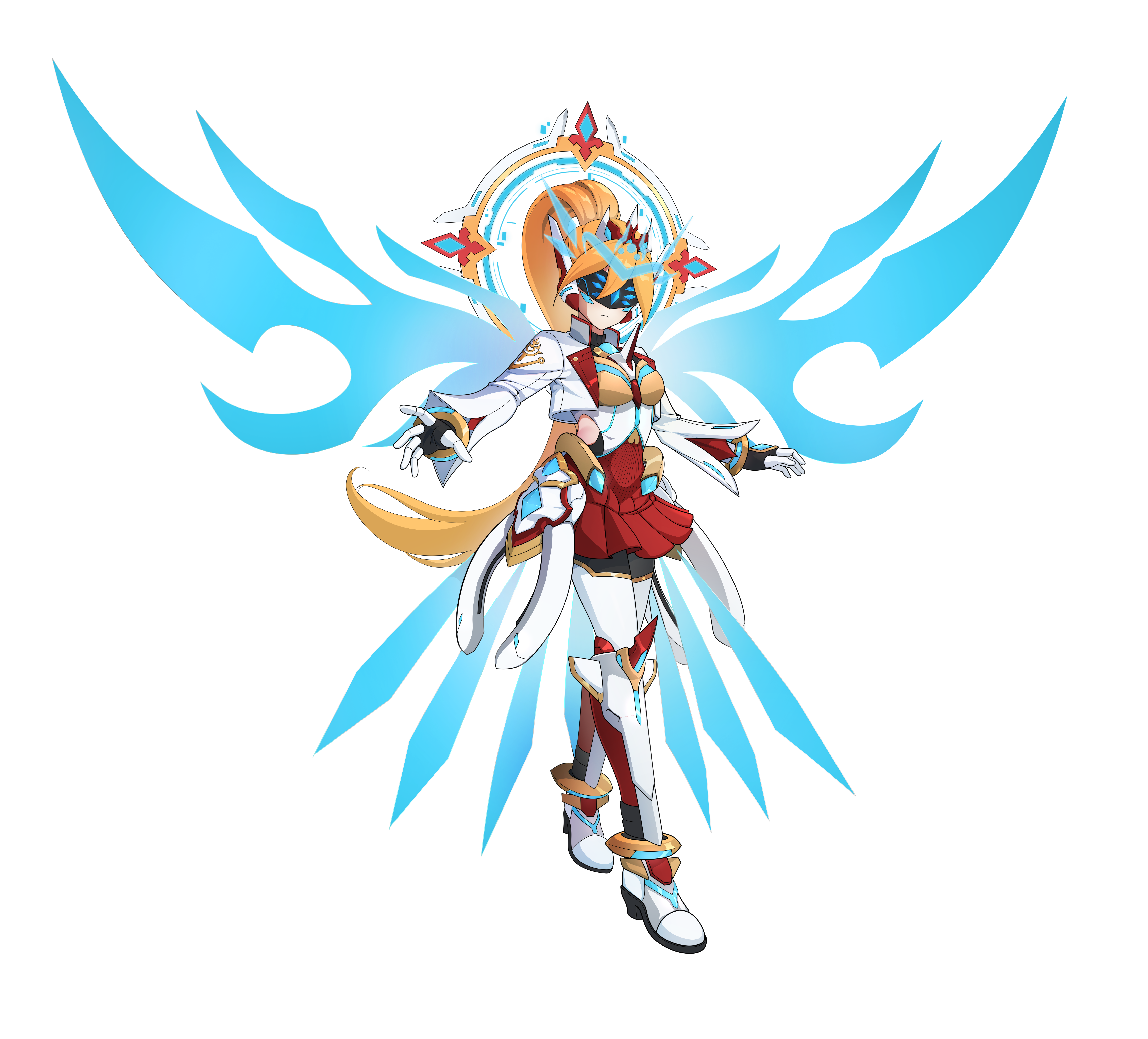 uta guipiy, ciel (mega man), code: antithese (elsword), code: esencia (elsword), code: sariel (elsword), code: ultimate (elsword), eve (elsword), elsword, mega man (series), mega man zero (series), mega man zx, absurdres, highres, non-web source, 1girl, armored boots, assault visor, biometal, blue eyes, bodystocking, bodysuit, boots, breasts, chest jewel, cropped jacket, crossover, energy wings, facial mark, full body, gloves, halo, high heel boots, high heels, hip armor, long bangs, long hair, long sleeves, mechanical ears, mechanical halo, ponytail, skirt, small breasts, solo, thigh armor, thigh boots, transparent background