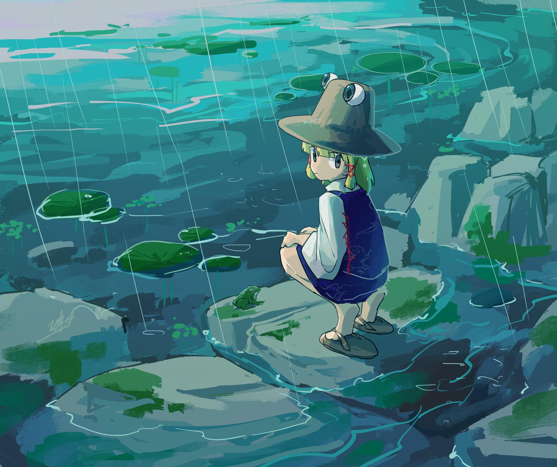 doggo 1d34, moriya suwako, touhou, commentary request, highres, 1girl, animal print, blonde hair, brown hat, closed mouth, frog print, hair ribbon, hat, long sleeves, looking at viewer, lotus leaf, outdoors, pond, purple skirt, purple vest, rain, red ribbon, ribbon, sandals, skirt, skirt set, solo, squatting, tiptoes, tress ribbon, vest, wide sleeves