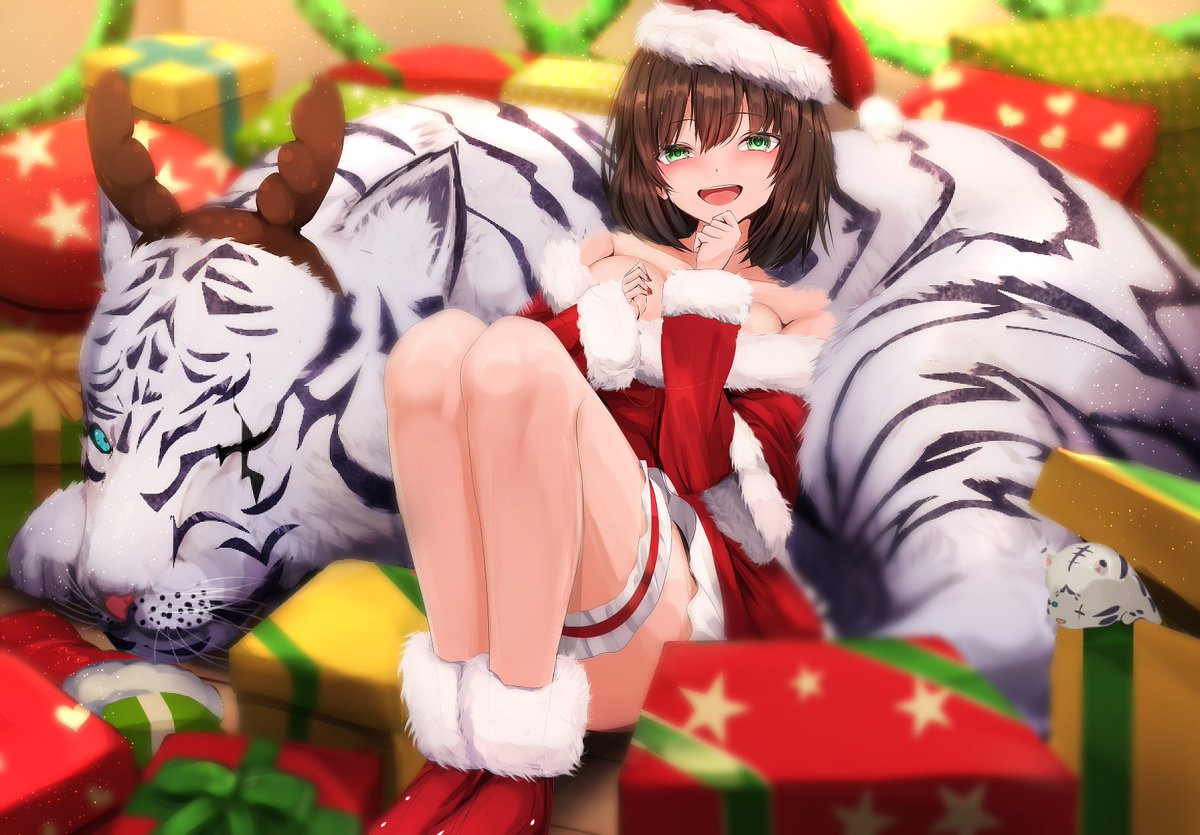 aoi erika, byakko (heaven burns red), heaven burns red, commentary request, 1girl, 1other, animal, bare shoulders, black hair, box, breasts, brown hair, christmas, christmas present, gift, gift box, green eyes, hat, looking at viewer, lying on animal, medium breasts, santa hat, thighhighs, tiger, yanikura