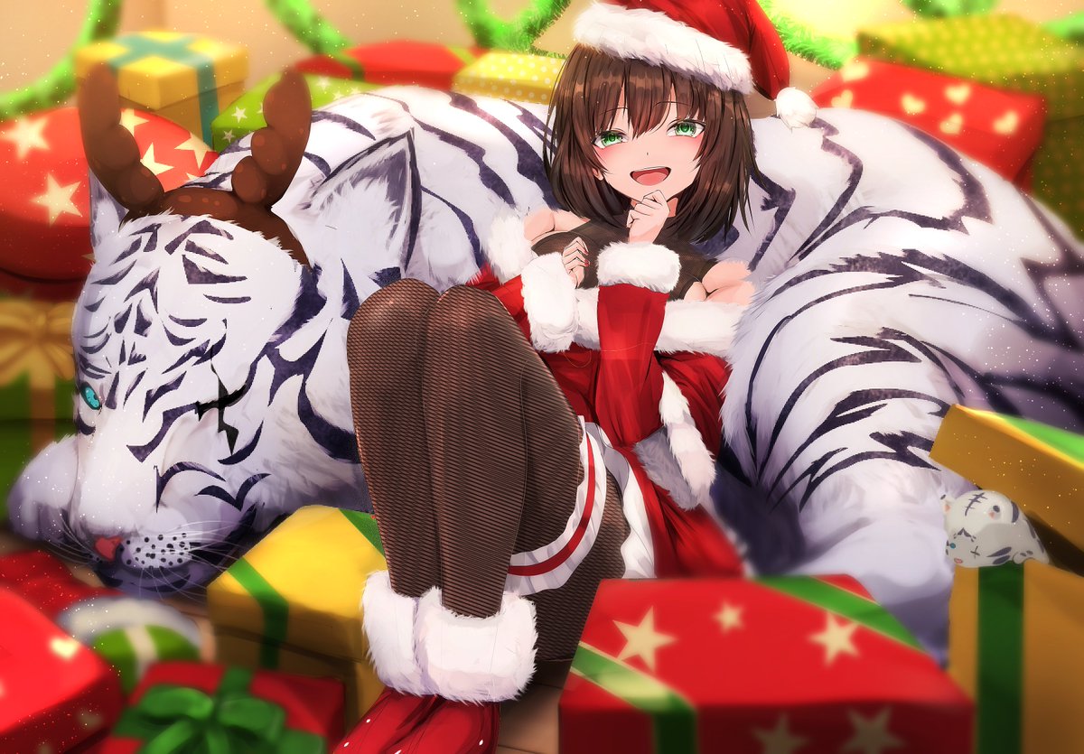 aoi erika, byakko (heaven burns red), heaven burns red, hashtag-only commentary, 1girl, 1other, animal, bare shoulders, black hair, black pantyhose, box, breasts, brown hair, christmas, christmas present, gift, gift box, green eyes, hat, looking at viewer, lying on animal, medium breasts, pantyhose, santa hat, thighhighs, tiger, yanikura