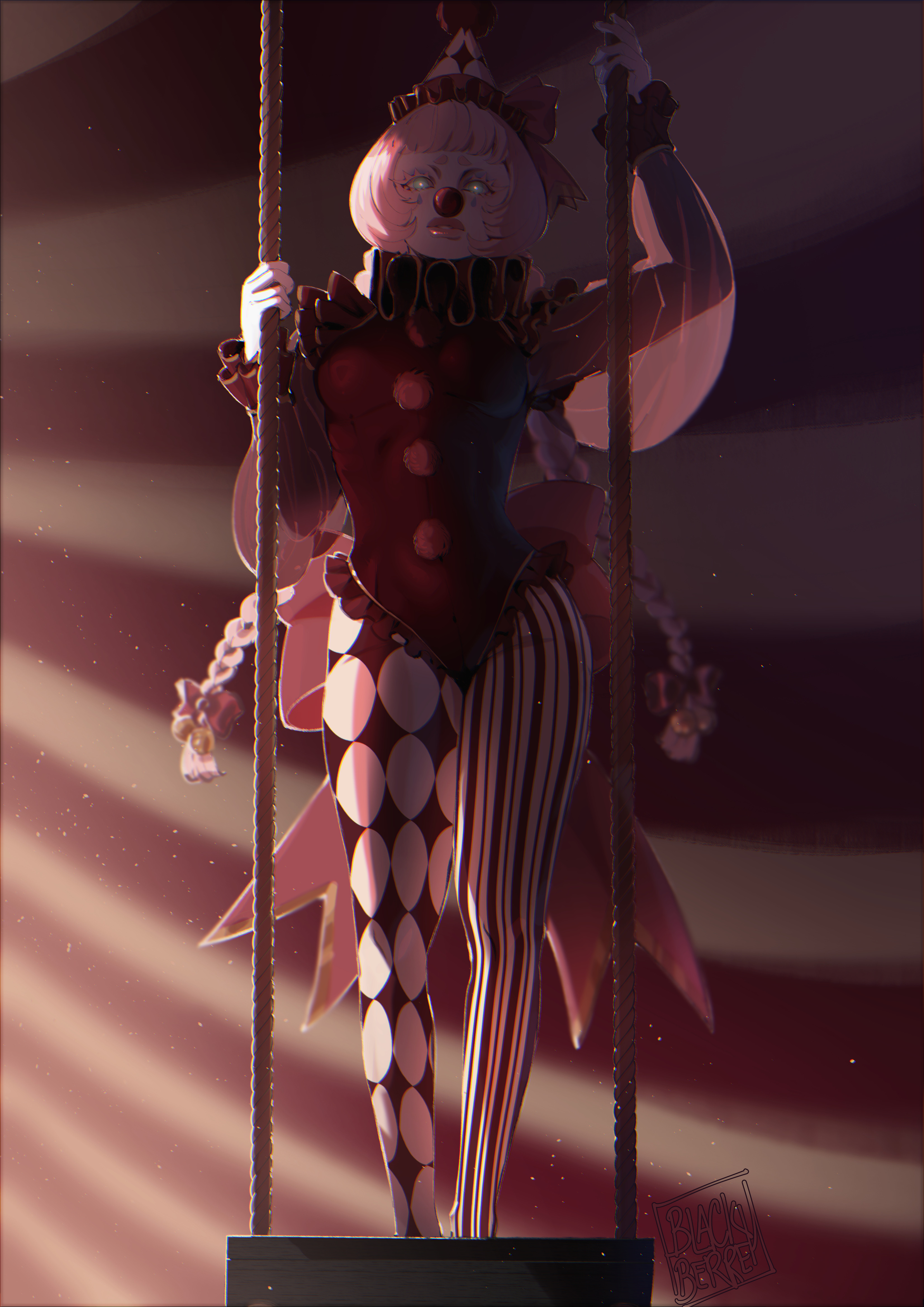 blackberreh-art, original, absurdres, commentary, english commentary, highres, 1girl, asymmetrical legwear, blue eyeshadow, braid, circus, clown, clown makeup, clown nose, eyelashes, eyeshadow, frills, hat, leotard, long hair, long sleeves, low twin braids, makeup, mismatched legwear, neck ruff, pantyhose, pink hair, poppet (blackberreh-art), puffy long sleeves, puffy sleeves, see-through clothes, see-through sleeves, thick lips, twin braids, very long hair