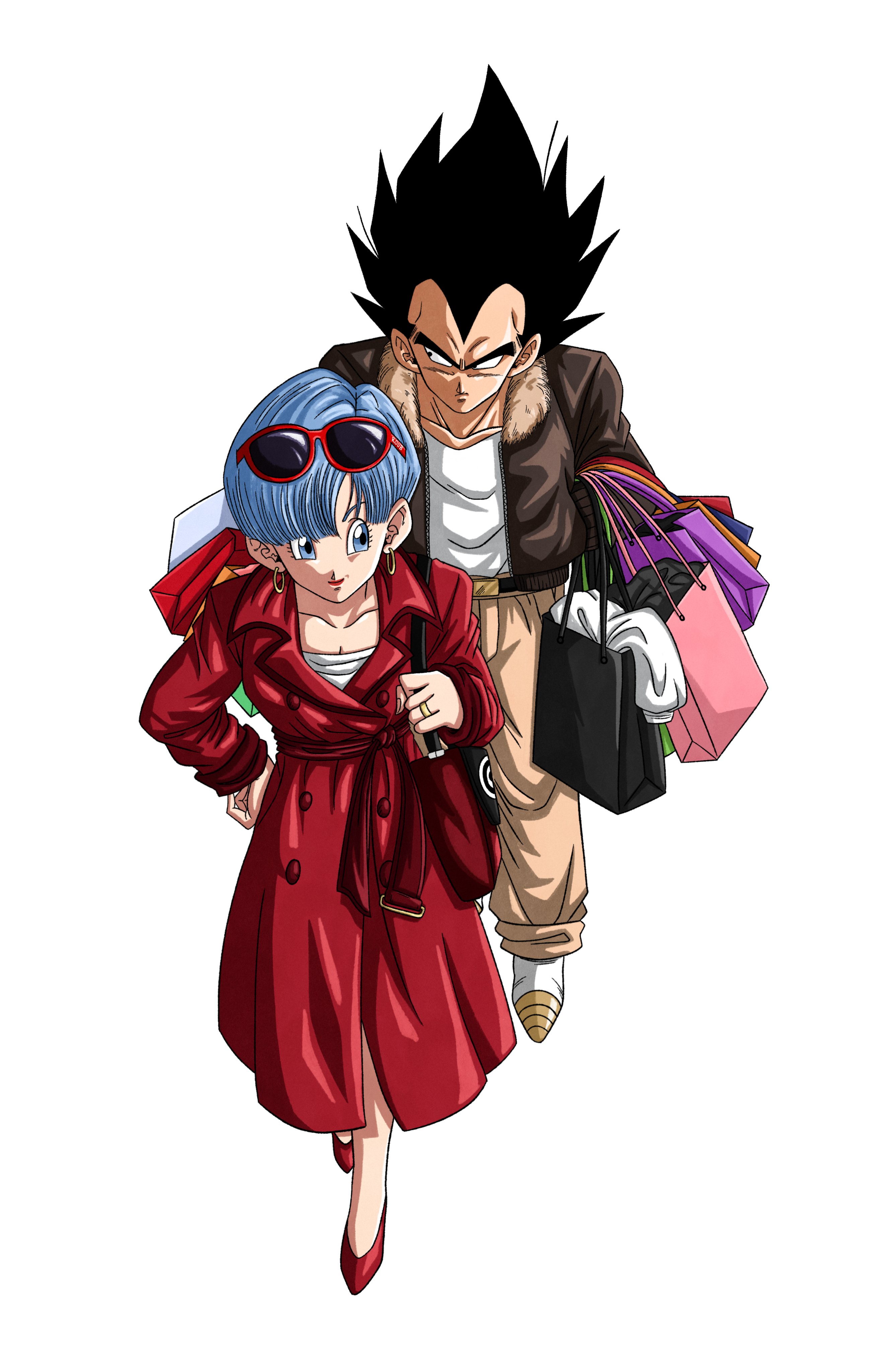 bulma, vegeta, dragon ball, dragonball z, absurdres, commentary, english commentary, highres, 1boy, 1girl, bag, black eyes, black hair, blue eyes, boots, breasts, brown jacket, brown pants, cleavage, coat, couple, eyewear on head, full body, hetero, high heels, holding, holding bag, jacket, medium hair, pants, red coat, red lips, roub3d, shopping bag, short hair, simple background, spiked hair, walking, white background, white boots