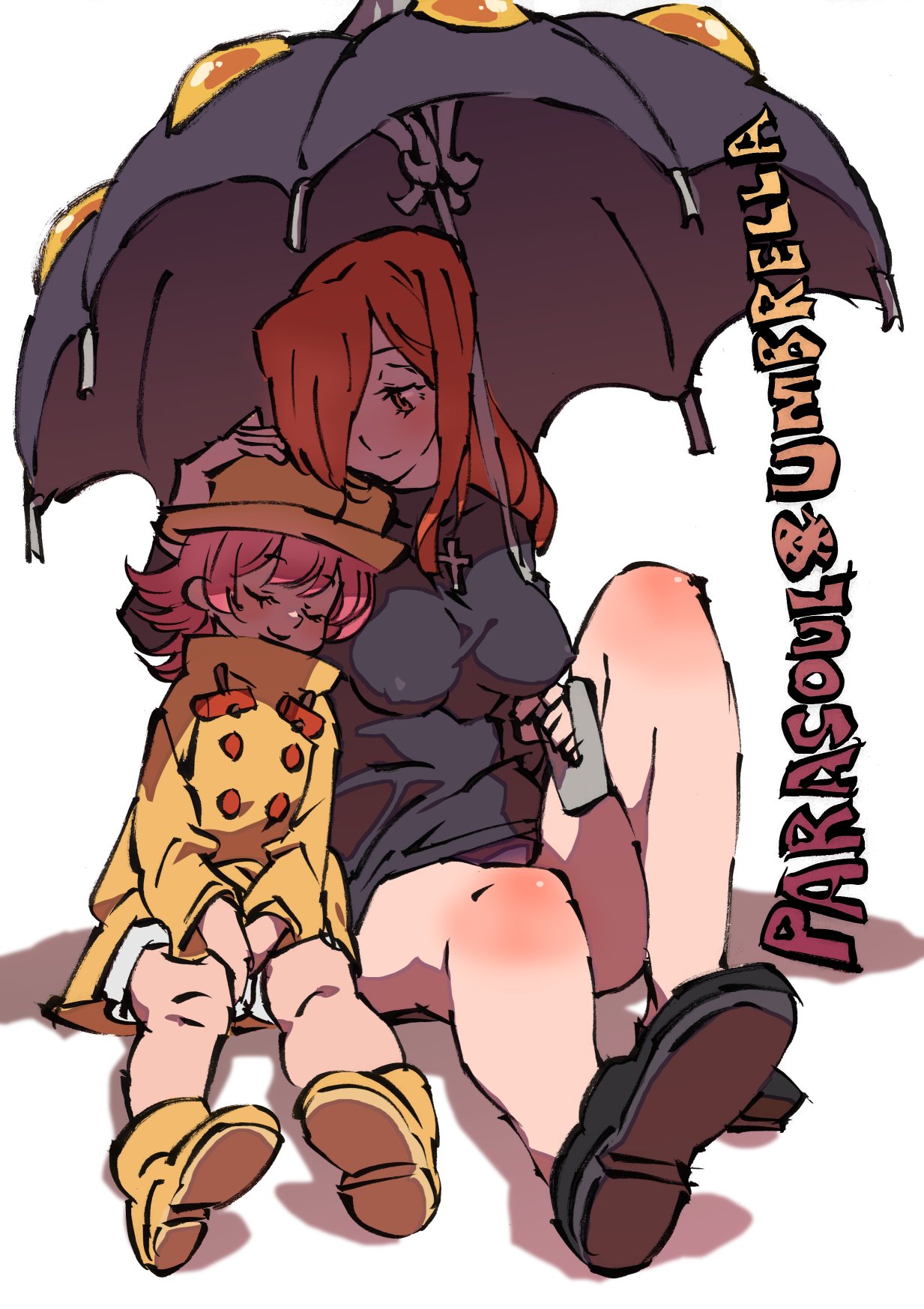 kikuta kouichi, krieg (skullgirls), parasoul (skullgirls), umbrella (skullgirls), skullgirls, 2girls, boots, breasts, character name, closed eyes, covered erect nipples, hand on another's head, hat, holding, holding umbrella, large breasts, leaning on person, leaning to the side, long hair, looking at another, multiple girls, pink hair, raincoat, red hair, siblings, sisters, sitting, skirt, smile, sweater, turtleneck, turtleneck sweater, umbrella, yellow eyes