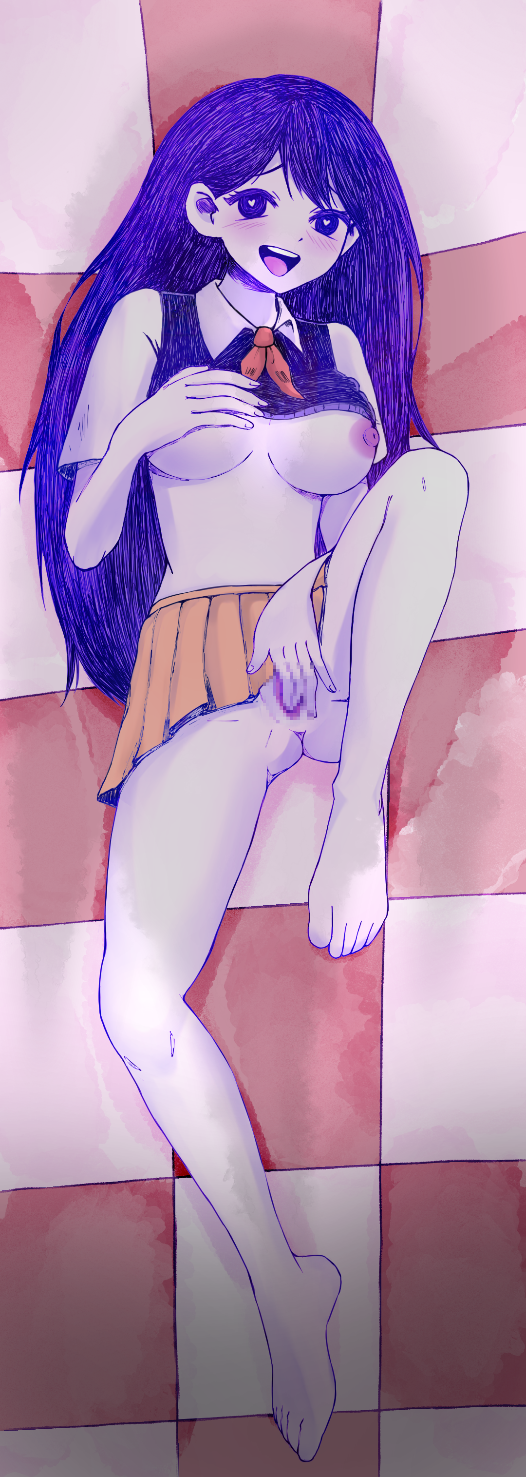 vegasvat1, mari (headspace) (omori), mari (omori), omori, absurdres, commentary, english commentary, highres, variant set, 1girl, :d, anus, aroused, bare arms, barefoot, blush, breasts, breasts apart, bright pupils, brown skirt, censored, clothes lift, collared shirt, dakimakura (medium), double-parted bangs, female masturbation, fingering, fingernails, full body, hair behind ear, hair spread out, hand on own chest, hatching (texture), heart, heart-shaped pupils, knee up, long hair, lying, masturbation, medium breasts, miniskirt, mosaic censoring, neckerchief, nipples, no panties, no sclera, omocat (style), on back, open mouth, picnic blanket, pleated skirt, purple eyes, purple hair, purple sweater vest, pussy, raised inner eyebrows, red neckerchief, round teeth, shadow, shirt, shirt lift, short sleeves, skirt, skirt lift, smile, solo, sweater vest, sweater vest lift, swept bangs, symbol-shaped pupils, teeth, toes, tongue, upper teeth only, vaginal, very long hair, white pupils, white shirt