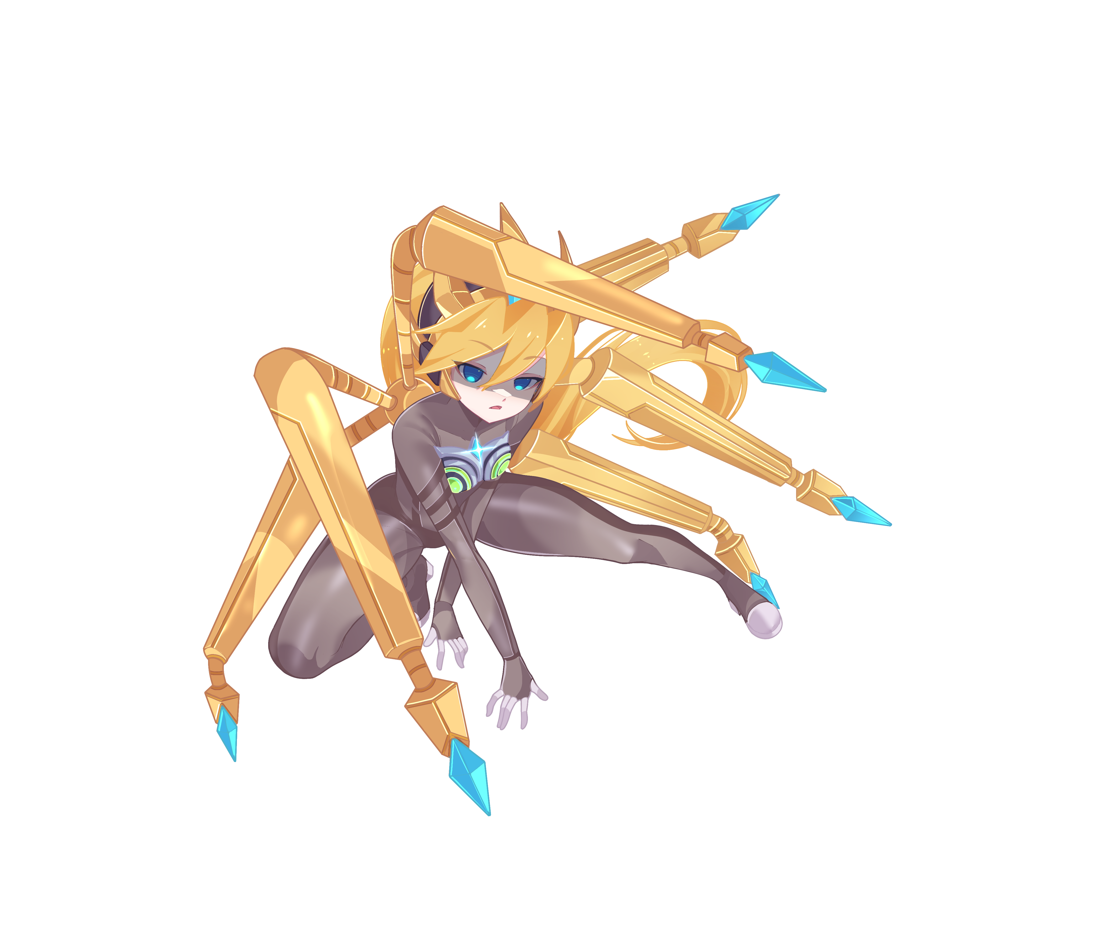 aizeis, ciel (mega man), model w (mega man), mega man (series), mega man zero (series), mega man zx, absurdres, commission, commissioner upload, highres, non-web source, 1girl, alternate costume, biometal, blonde hair, blue eyes, bodystocking, bodysuit, breasts, chest jewel, covered navel, crown, fighting stance, forehead jewel, full body, gloves, long hair, mechanical ears, mechanical wings, no armor, petite, ponytail, small breasts, solo, thighs, tiara, transparent background, wings