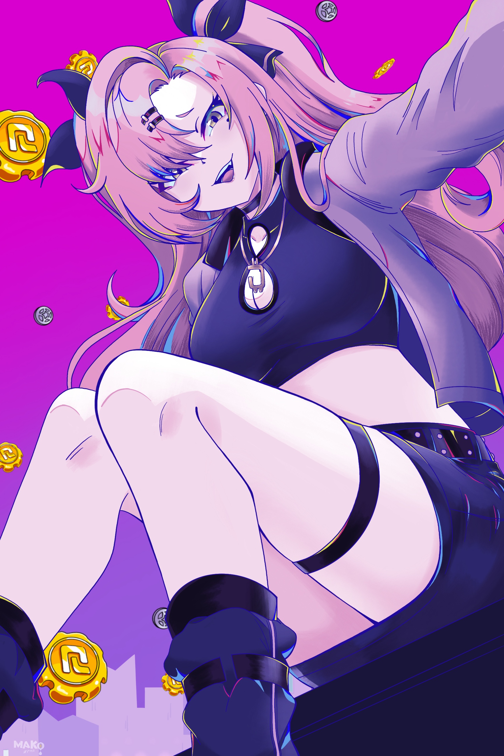 kurimako, nicole demara, zenless zone zero, absurdres, commentary, commentary request, english commentary, highres, mixed-language commentary, 1girl, black ribbon, black shirt, black skirt, breasts, coin, cropped shirt, falling money, feet out of frame, from below, gold coin, green eyes, grey jacket, hair between eyes, hair ornament, hair ribbon, hairclip, jacket, jewelry, large breasts, long hair, looking at viewer, miniskirt, mole, mole under eye, necklace, open clothes, open jacket, open mouth, parallel hairclips, pink hair, purple background, ribbon, shirt, sitting, skirt, smile, solo, thigh strap, two side up