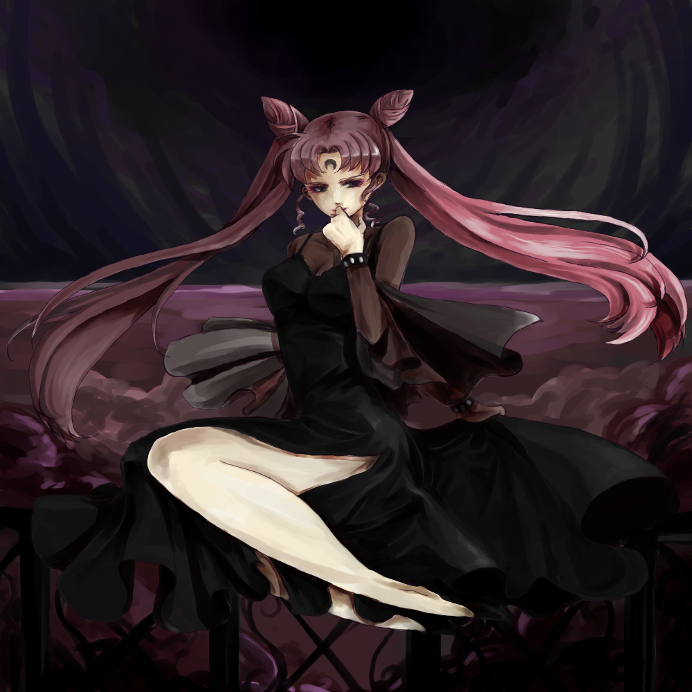 yuki urina, black lady (sailor moon), chibi usa, bishoujo senshi sailor moon, bishoujo senshi sailor moon r, 1990s (style), 1girl, aged up, circlet, cone hair bun, crescent, crescent facial mark, double bun, dress, facial mark, female focus, forehead mark, hair bun, legs, long hair, pink hair, retro artstyle, see-through clothes, shoes, side slit, solo, thighs, twintails, very long hair