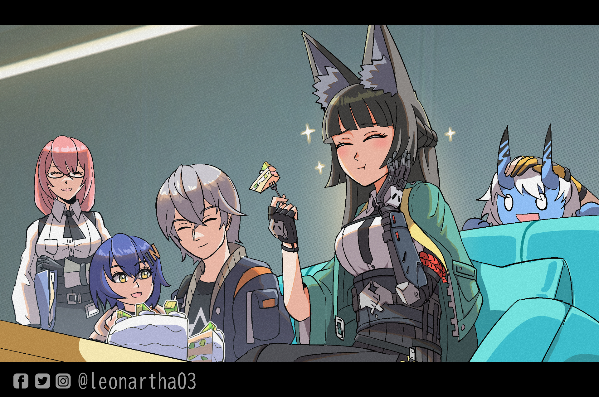 leonartha03, asaba harumasa, belle (zenless zone zero), hoshimi miyabi, soukaku (zenless zone zero), tsukishiro yanagi, wise (zenless zone zero), zenless zone zero, highres, 2boys, 4girls, animal ears, birthday, birthday cake, black hair, black skirt, blue hair, blue skin, book, breasts, cake, cake slice, closed eyes, colored skin, couch, demon horns, eating, fingerless gloves, food, fork, fox ears, fox girl, gloves, happy birthday, horns, jacket, long hair, multiple boys, multiple girls, on couch, oni, open mouth, partially fingerless gloves, pink hair, pleated skirt, shirt, skirt, yellow gloves
