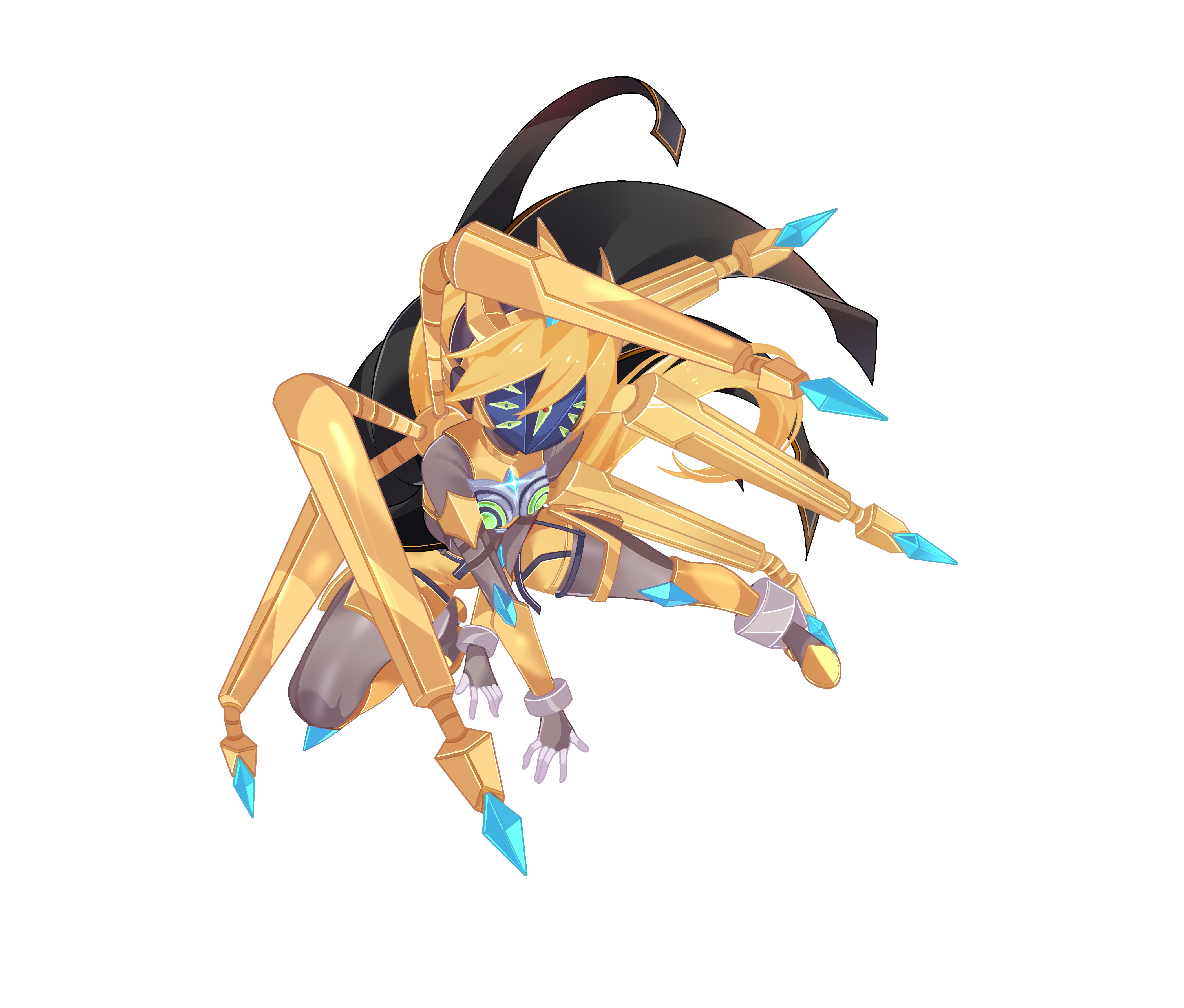 aizeis, ciel (mega man), model w (mega man), mega man (series), mega man zero (series), mega man zx, absurdres, commission, commissioner upload, highres, non-web source, 1girl, alternate costume, armor, armored boots, assault visor, belt, biometal, blonde hair, body armor, bodystocking, bodysuit, boots, breasts, chest jewel, coattails, covered navel, crown, extra eyes, fighting stance, forehead jewel, full body, gauntlets, gloves, green eyes, knee pads, long hair, mask, mechanical ears, mechanical wings, petite, ponytail, shorts, small breasts, solo, tailcoat, thighs, tiara, transparent background, wings