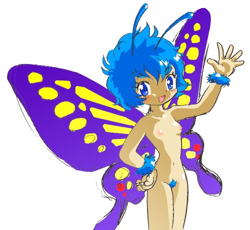 pukao, lowres, 1girl, antenna hair, arthropod girl, blue eyes, blue hair, blush, breasts, bug, butterfly girl, butterfly wings, collarbone, colored pubic hair, fairy, fur wrist cuffs, hand on own hip, insect, insect wings, looking at viewer, moth, navel, nipples, nude, open mouth, pubic hair, short hair, smile, standing, wavy hair, white background, wings, wrist cuffs