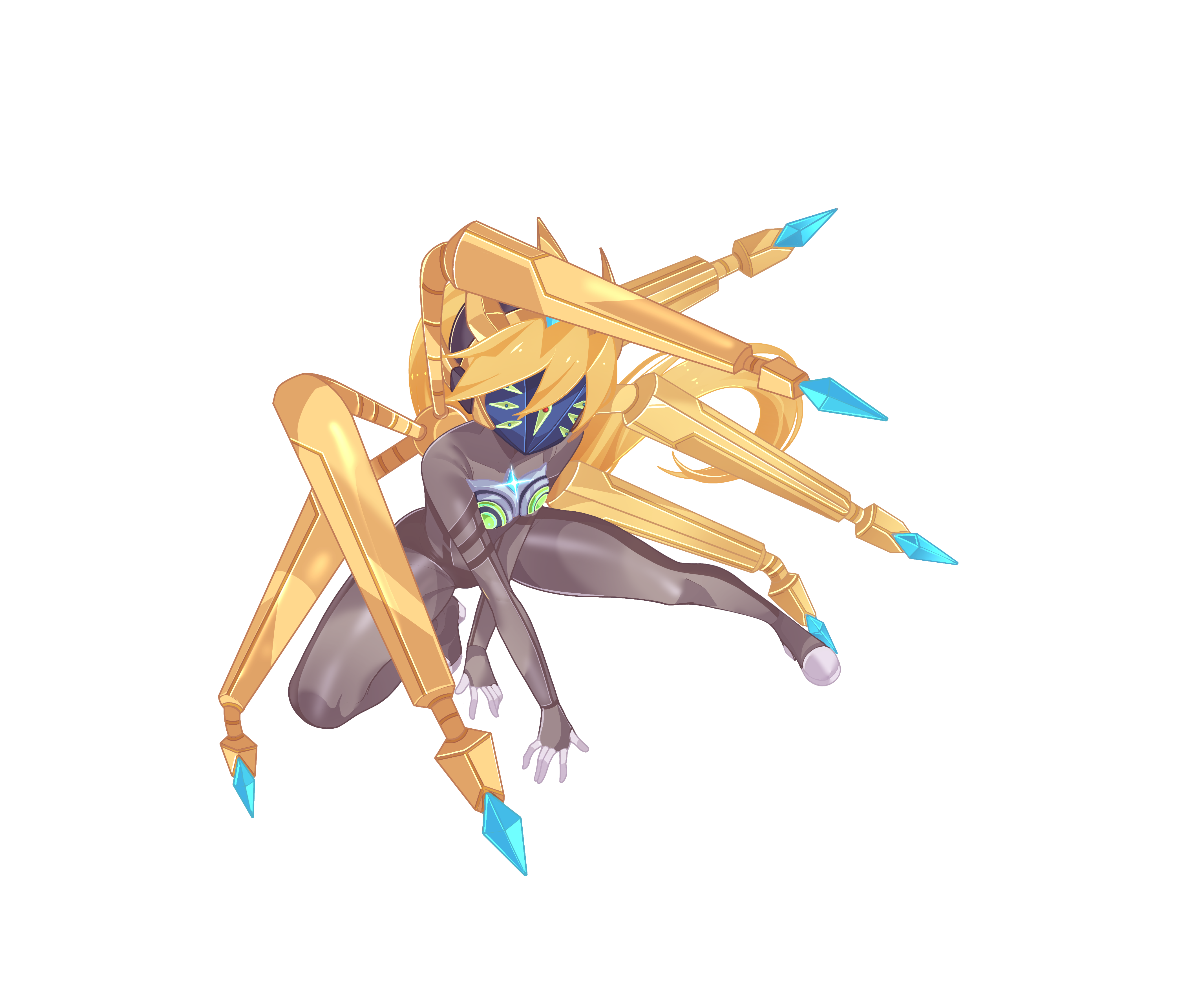 aizeis, ciel (mega man), model w (mega man), mega man (series), mega man zero (series), mega man zx, absurdres, commission, commissioner upload, highres, non-web source, 1girl, alternate costume, assault visor, biometal, blonde hair, bodystocking, bodysuit, breasts, chest jewel, covered navel, crown, extra eyes, fighting stance, forehead jewel, full body, gloves, green eyes, long hair, mask, mechanical ears, mechanical wings, no armor, petite, ponytail, small breasts, solo, thighs, tiara, transparent background, wings