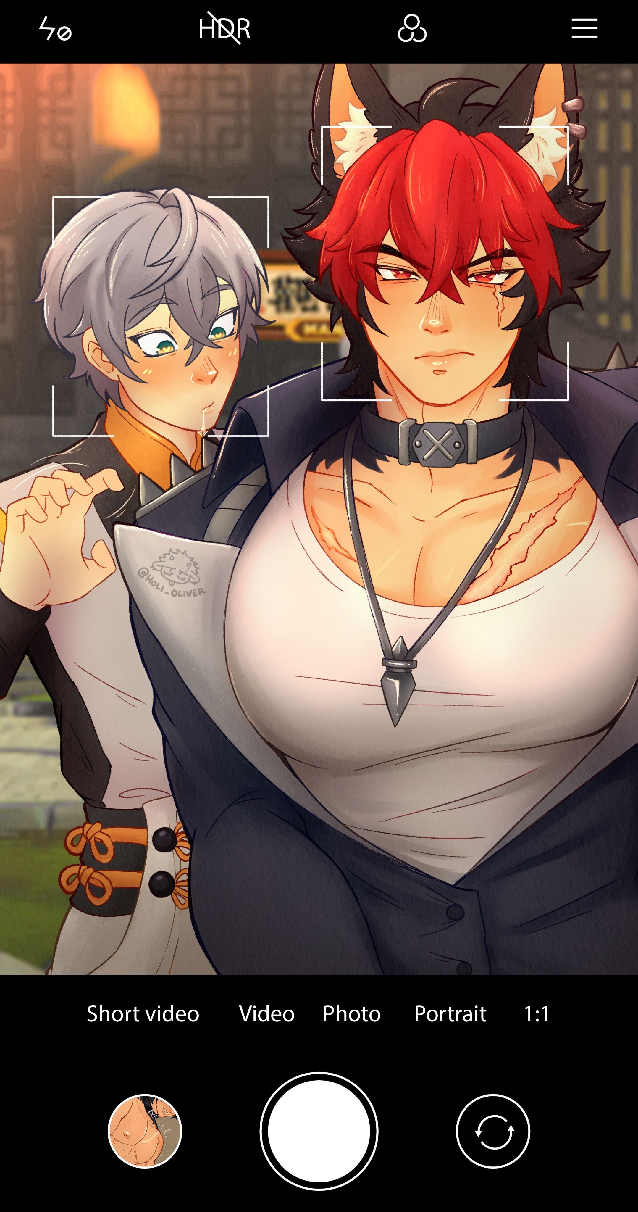 holi oliver, komano manato, wise (soaring crane) (zenless zone zero), wise (zenless zone zero), zenless zone zero, absurdres, commentary, highres, symbol-only commentary, 2boys, animal ear piercing, animal ears, black choker, black hair, black jacket, blush, choker, dog boy, dog ears, drooling, green eyes, grey hair, huge pectorals, jacket, jewelry, large pectorals, male focus, multicolored hair, multiple boys, necklace, pectoral cleavage, pectoral focus, pectorals, picture frame, red eyes, red hair, saliva, scar, scar on chest, scar on face, shirt, white shirt