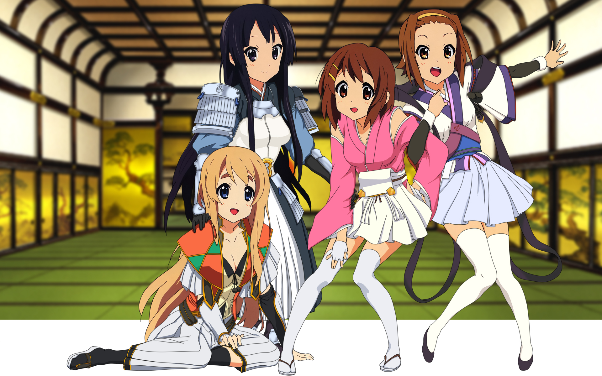 akiyama mio, hirasawa yui, kotobuki tsumugi, nanjou ran, sill plain, tainaka ritsu, uesugi kenshin (rance), yamamoto isoroku (rance), k-on!, rance (series), sengoku rance, highres, non-web source, 4girls, armor, black hair, blonde hair, breasts, brown hair, bustier, cleavage, cosplay, detached sleeves, fingerless gloves, flats, flip-flops, gloves, hakama, hakama skirt, japanese armor, japanese clothes, kimono, kimono skirt, kusazuri, locked arms, long hair, medium breasts, multiple girls, nanjou ran (cosplay), pleated skirt, sandals, short hair, shoulder armor, sill plain (cosplay), skirt, smile, sode, tabi, thighhighs, uesugi kenshin (rance) (cosplay), yamamoto isoroku (rance) (cosplay), zettai ryouiki