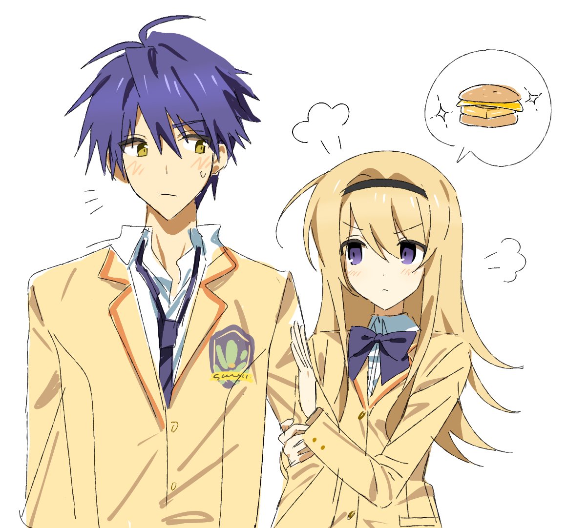 alion 9715, nishijou nanami, nishijou takumi, chaos;head, science adventure, commentary, symbol-only commentary, 1boy, 1girl, annoyed, antenna hair, black hairband, blonde hair, blush, bow, bowtie, burger, collared shirt, food, grabbing another's arm, hair between eyes, hair intakes, hairband, jacket, lapels, looking at another, loose necktie, messy hair, necktie, notched lapels, notice lines, partially unbuttoned, purple eyes, purple hair, school uniform, shirt, siblings, sparkle, speech bubble, steam, suimei academy school uniform, suit jacket, sweat, upper body, white background, yellow eyes, yellow jacket