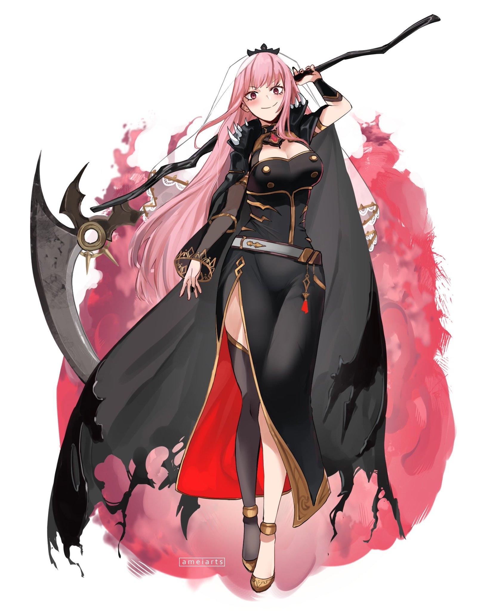 ameiarts, mori calliope, hololive, hololive english, highres, 1girl, artist name, belt, black cape, black dress, black nails, black thighhighs, blush, breasts, cape, cleavage, cloak, crown, detached sleeves, dress, fire, holding, holding scythe, large breasts, long hair, nail polish, pink eyes, pink hair, sandals, scythe, side slit, simple background, single detached sleeve, single thighhigh, smile, solo, spiked cape, thighhighs, torn clothes, torn dress, veil, very long hair, virtual youtuber, white background, white belt