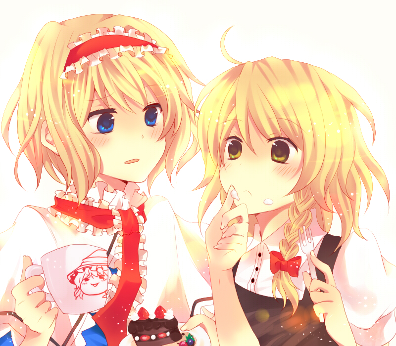 kurosawa kazuto, alice margatroid, kirisame marisa, touhou, bad id, bad pixiv id, 2girls, ahoge, blonde hair, braid, cake, cup, cuppy cake, female focus, food, food on face, multiple girls, no headwear, pastry, side braid, wiping face, yukkuri shiteitte ne