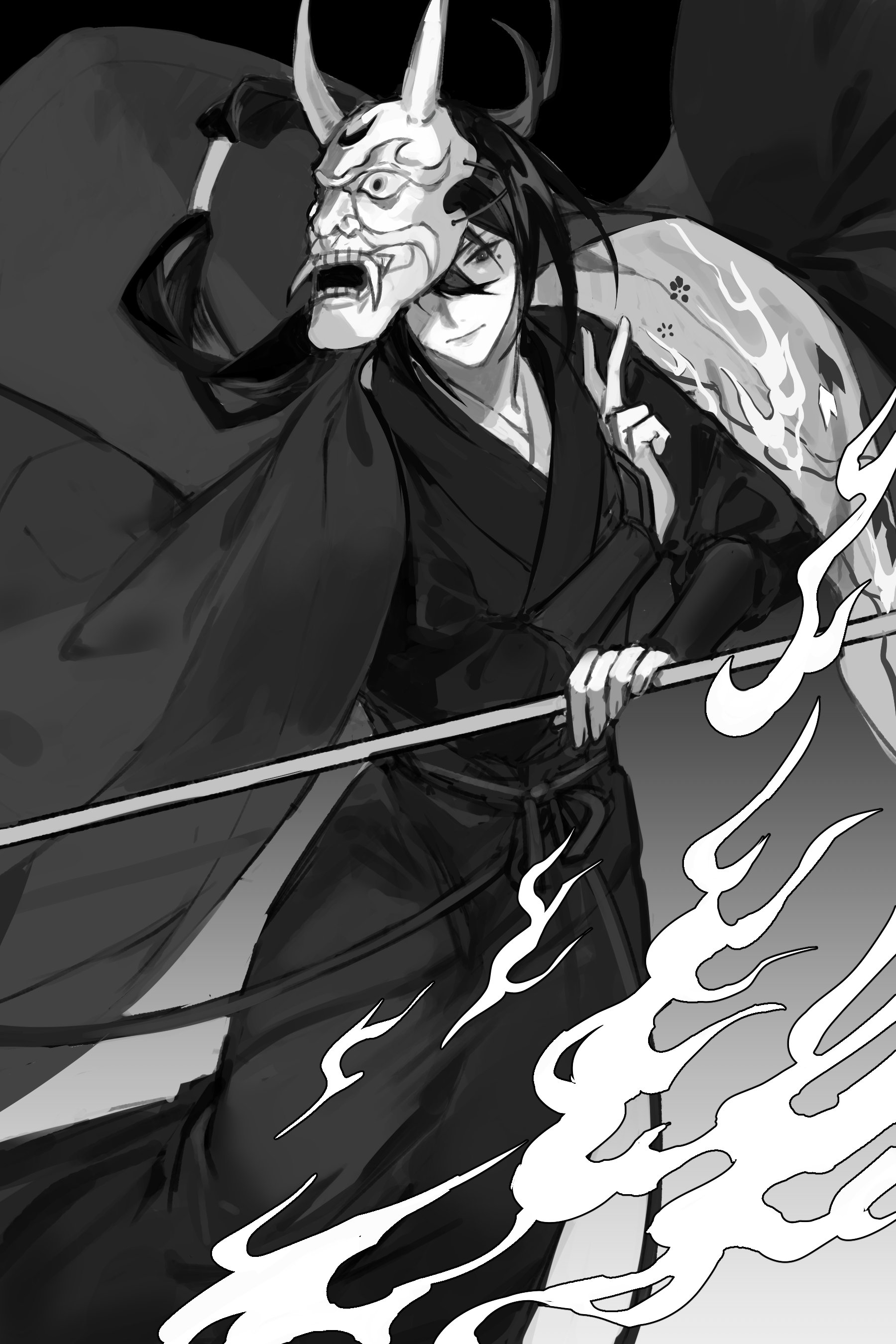suto (sakumaaritsu), tianguan cifu, absurdres, commentary, english commentary, highres, 1boy, black eyes, black hair, black hanfu, bracer, chinese clothes, expressionless, fire, gradient background, grey background, greyscale, hand up, hanfu, holding, holding weapon, long hair, long sleeves, low ponytail, male focus, mask, mask on head, mole, mole under eye, monochrome, oni mask, ponytail, solo, standing, very long hair, weapon, yin yu