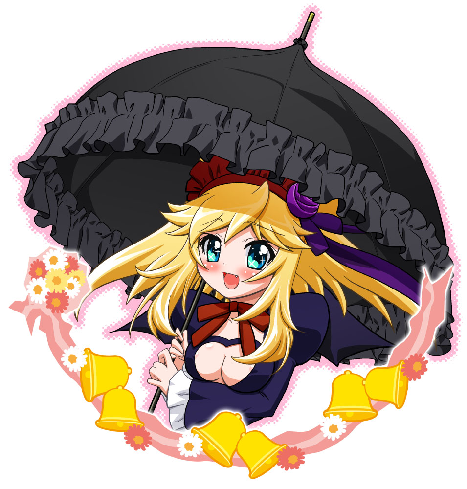 gambler club, kohsaka jun, hatori kanon, anyamal tantei kirumin zoo, 1girl, blonde hair, blue eyes, breasts, cleavage cutout, clothing cutout, fang, female focus, gothic lolita, hairband, large breasts, lolita fashion, long hair, parasol, solo, umbrella