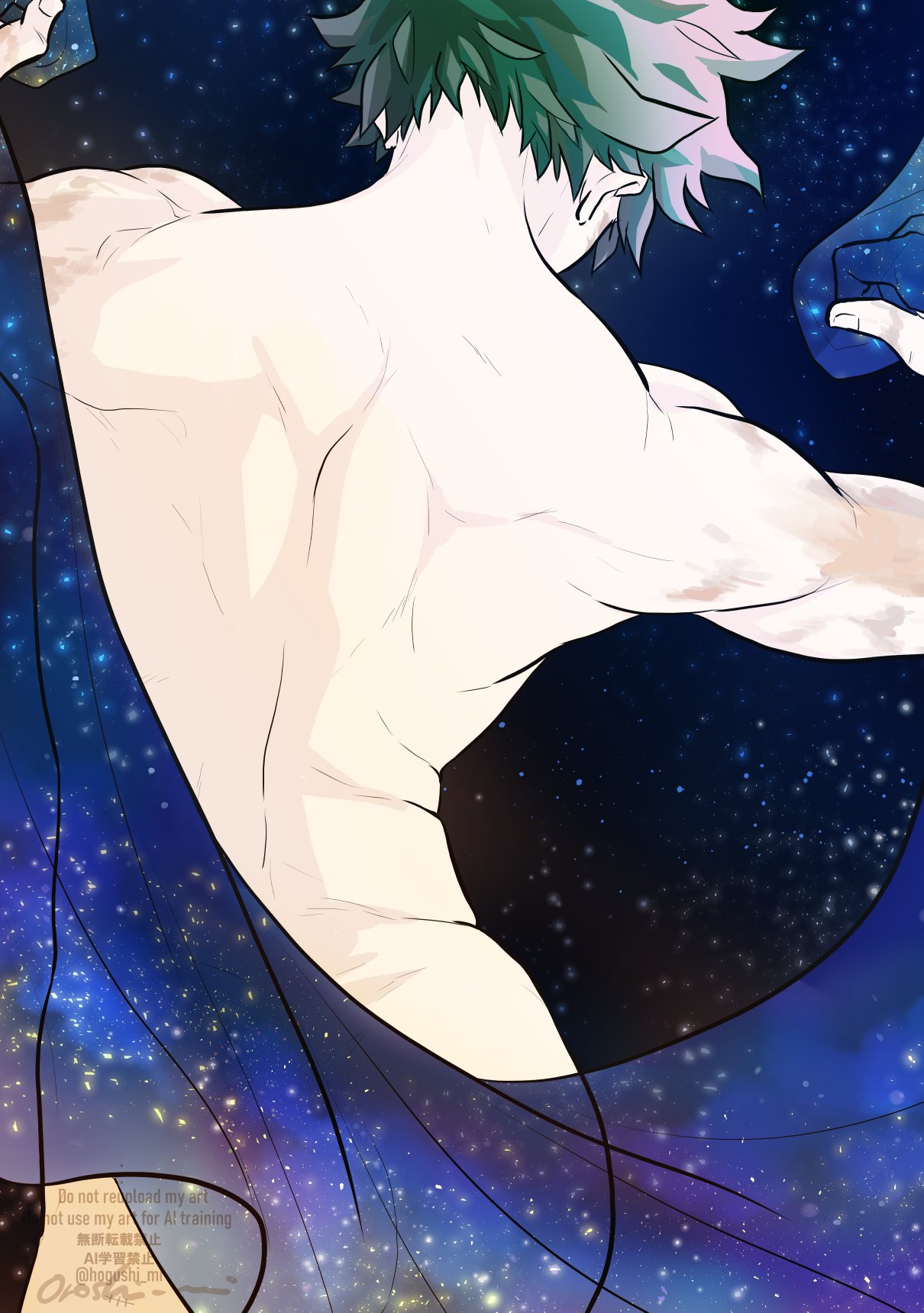 oroshi mi, midoriya izuku, boku no hero academia, commentary, highres, symbol-only commentary, 1boy, back, from behind, green hair, male focus, multiple scars, nude, scar, scar on arm, scar on face, short hair, signature, solo, starry sky print, watermark