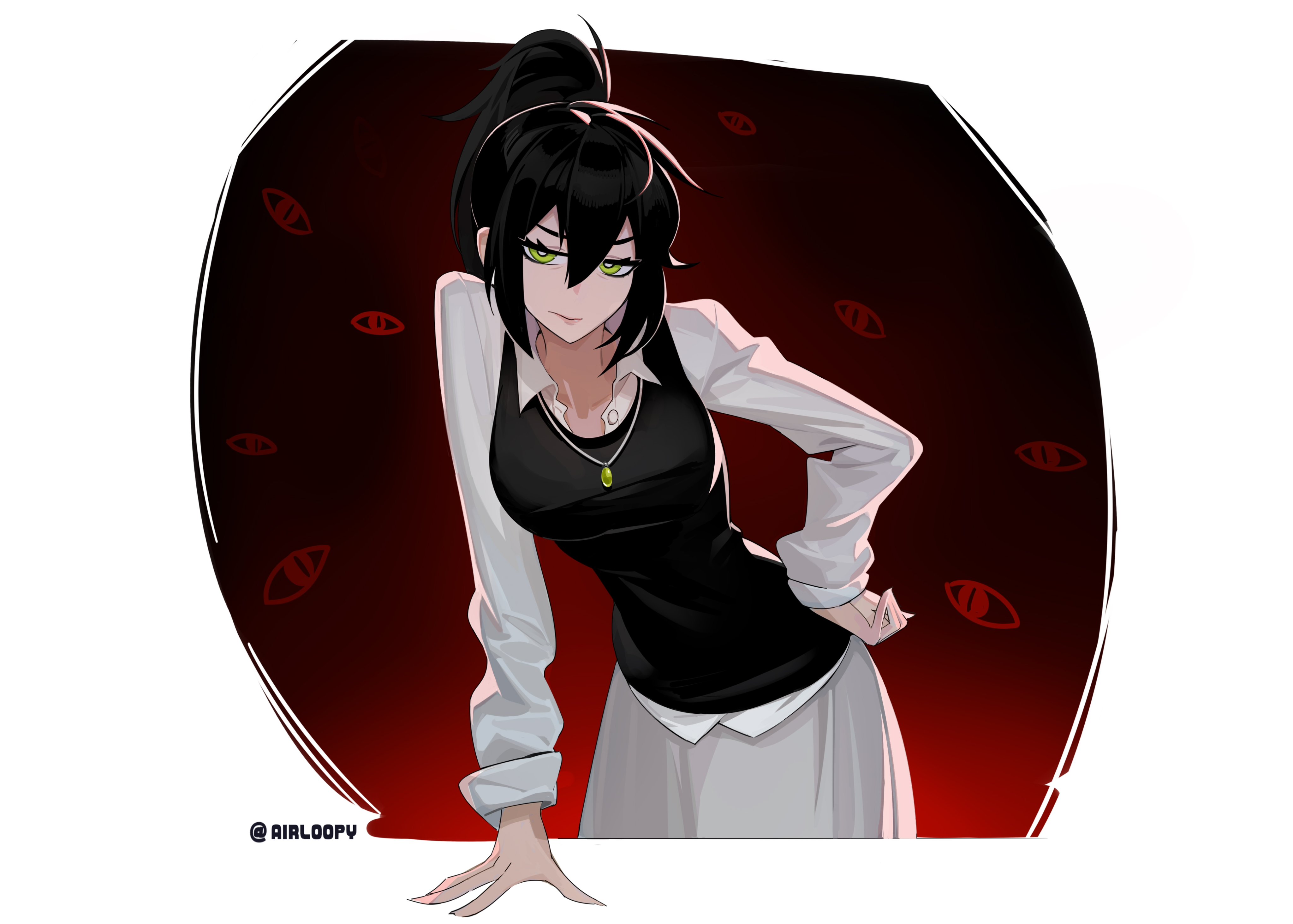 aierlaobo, renee graves, the coffin of andy and leyley, absurdres, commentary, english commentary, highres, 1girl, annoyed, arm support, backlighting, black hair, black sweater vest, border, breasts, buttons, closed mouth, collared shirt, cowboy shot, double-parted bangs, frown, gem, green eyes, green gem, grey skirt, hair between eyes, half-closed eyes, hand on own hip, high ponytail, jewelry, jitome, leaning forward, lips, long sleeves, mature female, medium breasts, necklace, outside border, ponytail, puffy long sleeves, puffy sleeves, red background, round border, shirt, sidelocks, simple background, skirt, solo, standing, sweater vest, twitter username, v-shaped eyebrows, white border, white shirt