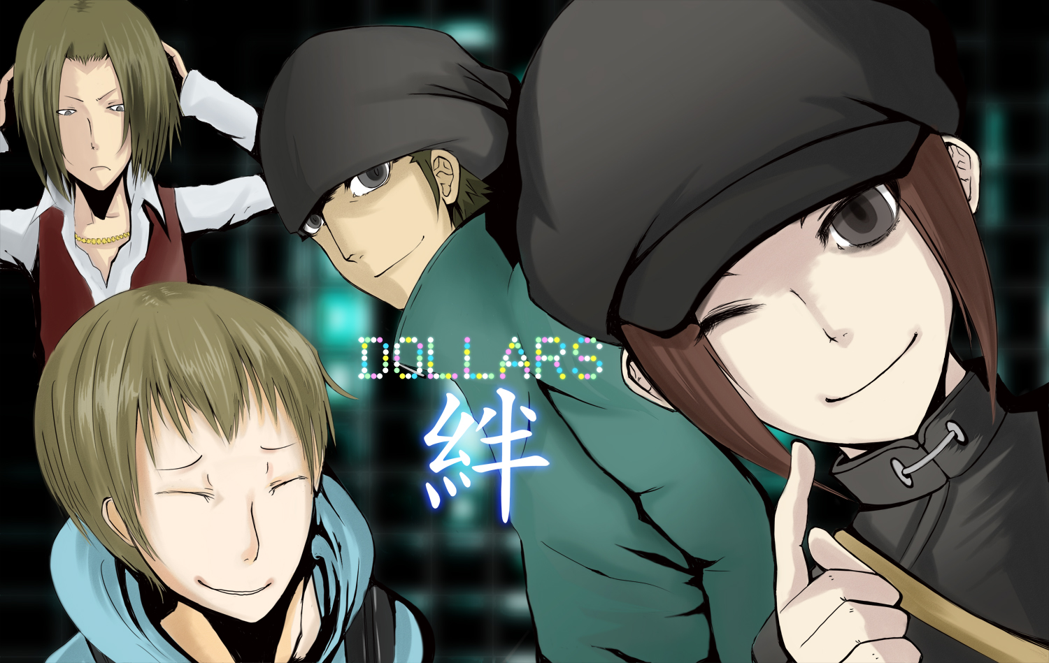 kadota kyouhei, karisawa erika, togusa saburou, yumasaki walker, durarara!!, bad id, bad pixiv id, 1girl, 3boys, black eyes, blonde hair, brown hair, closed eyes, coat, hat, hood, hoodie, multiple boys, one eye closed, wink
