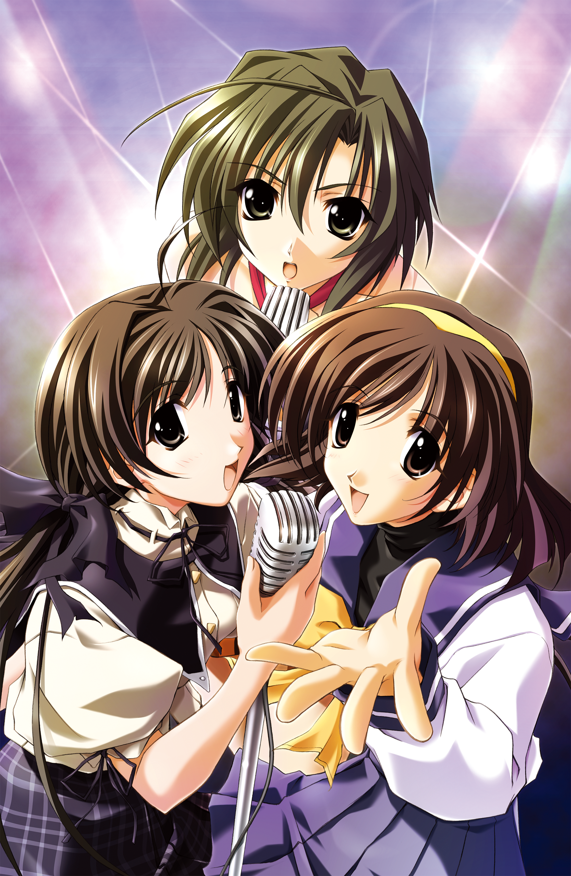 imasaka yue, shirakawa hotaru, shirakawa shizuru, memories off, memories off 2nd, absurdres, highres, non-web source, official art, brown hair, dress, hairband, holding, holding microphone, long hair, looking at viewer, memories off 1, microphone, music, red dress, sailor, school uniform, singing, smile, yellow hairband