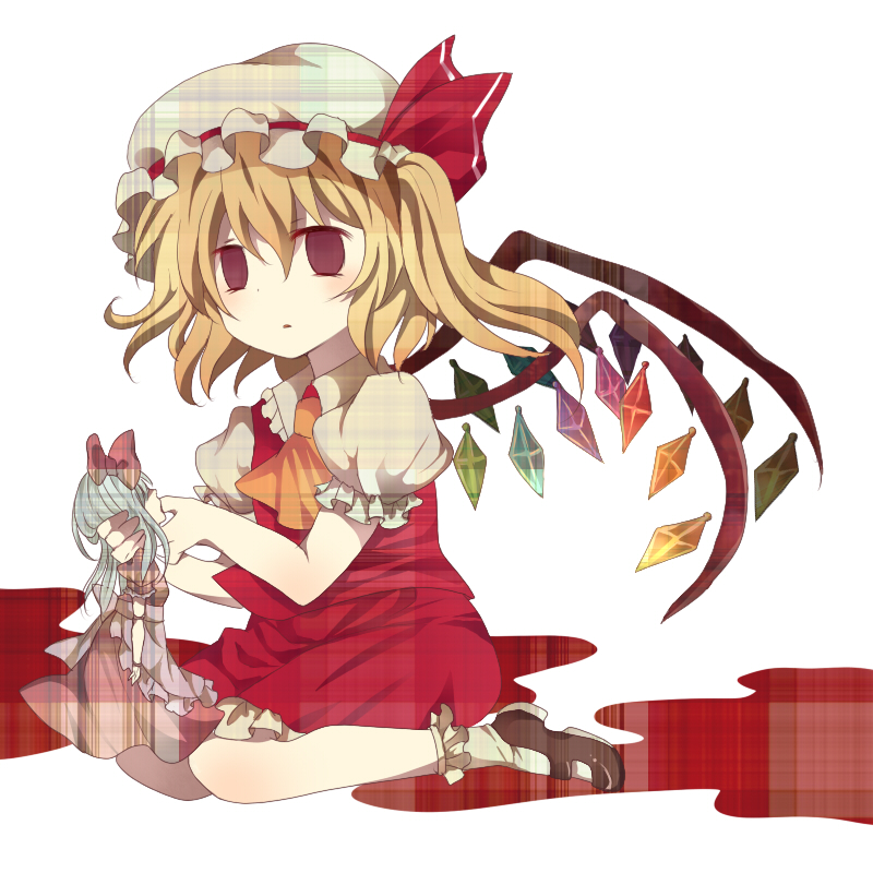 kurosawa kazuto, flandre scarlet, touhou, 1girl, black shoes, blood, blouse, collared shirt, doll, empty eyes, female focus, hair between eyes, hat, mob cap, red eyes, shirt, shoes, socks, solo, white hat, white shirt, white socks