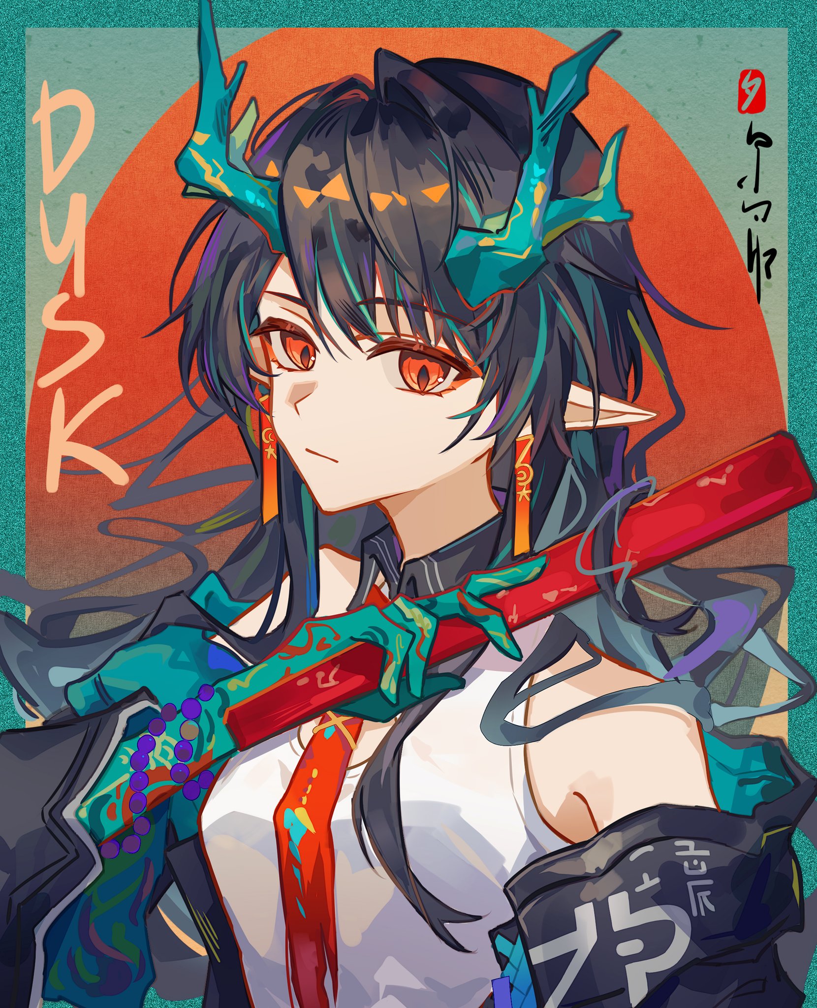 chuichuihuahewu, dusk (arknights), arknights, commentary, highres, symbol-only commentary, 1girl, bead bracelet, beads, black hair, bracelet, colored skin, dragon girl, dragon horns, green skin, horns, jewelry, multicolored hair, pointy ears, red eyes, solo, streaked hair