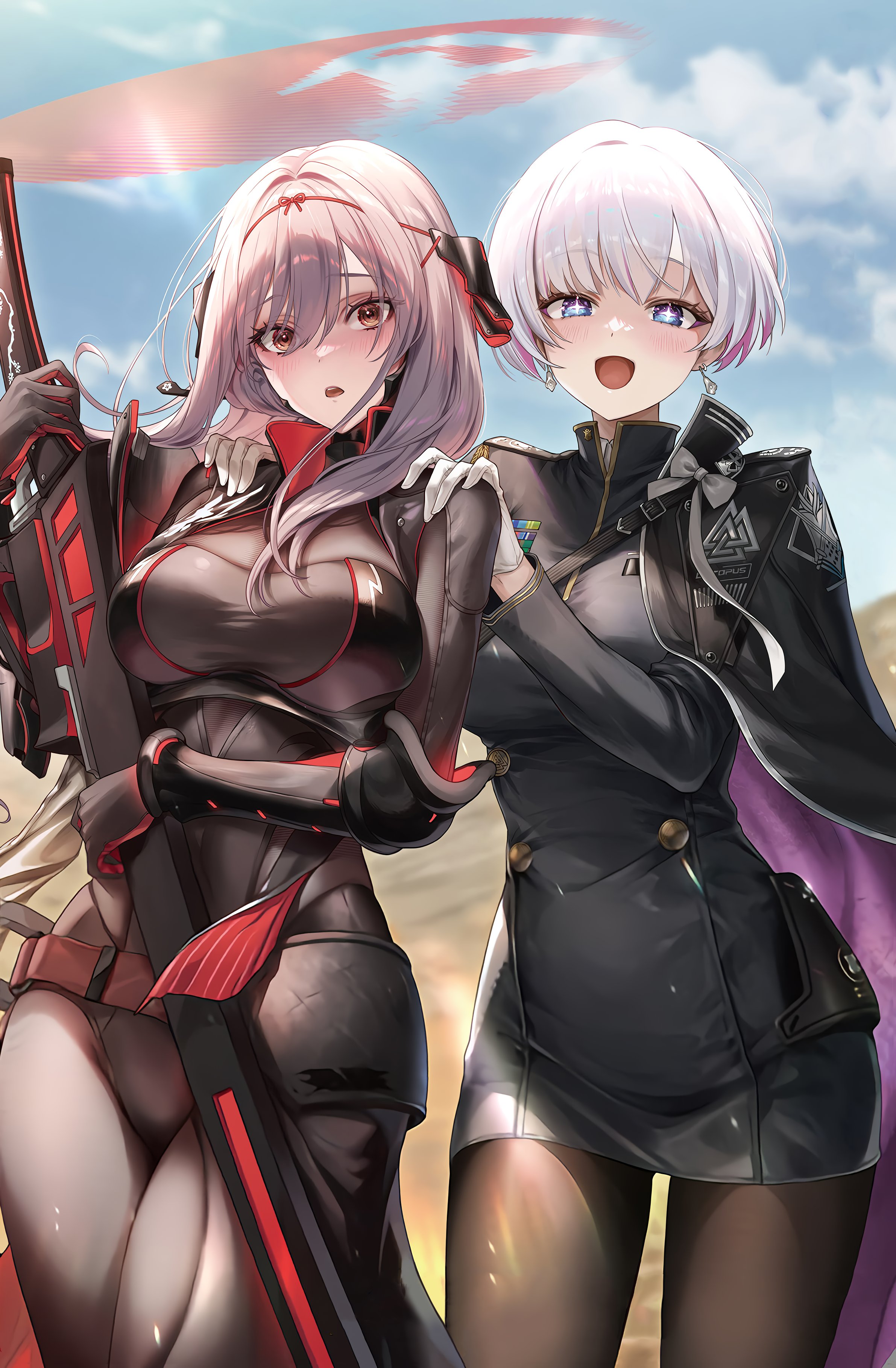 liliweiss (nikke), scarlet (black shadow) (nikke), scarlet (nikke), goddess of victory: nikke, shiny eyes, absurdres, highres, non-web source, official art, source request, 2girls, :d, arm guards, armor, armored bodysuit, black bodysuit, bodysuit, breasts, brown bodysuit, cape, earrings, grey bodysuit, japanese armor, jewelry, large breasts, long hair, military uniform, multiple girls, open mouth, purple cape, short hair, side cape, smile, star-shaped pupils, star (symbol), sword, symbol-shaped pupils, two-tone cape, weapon
