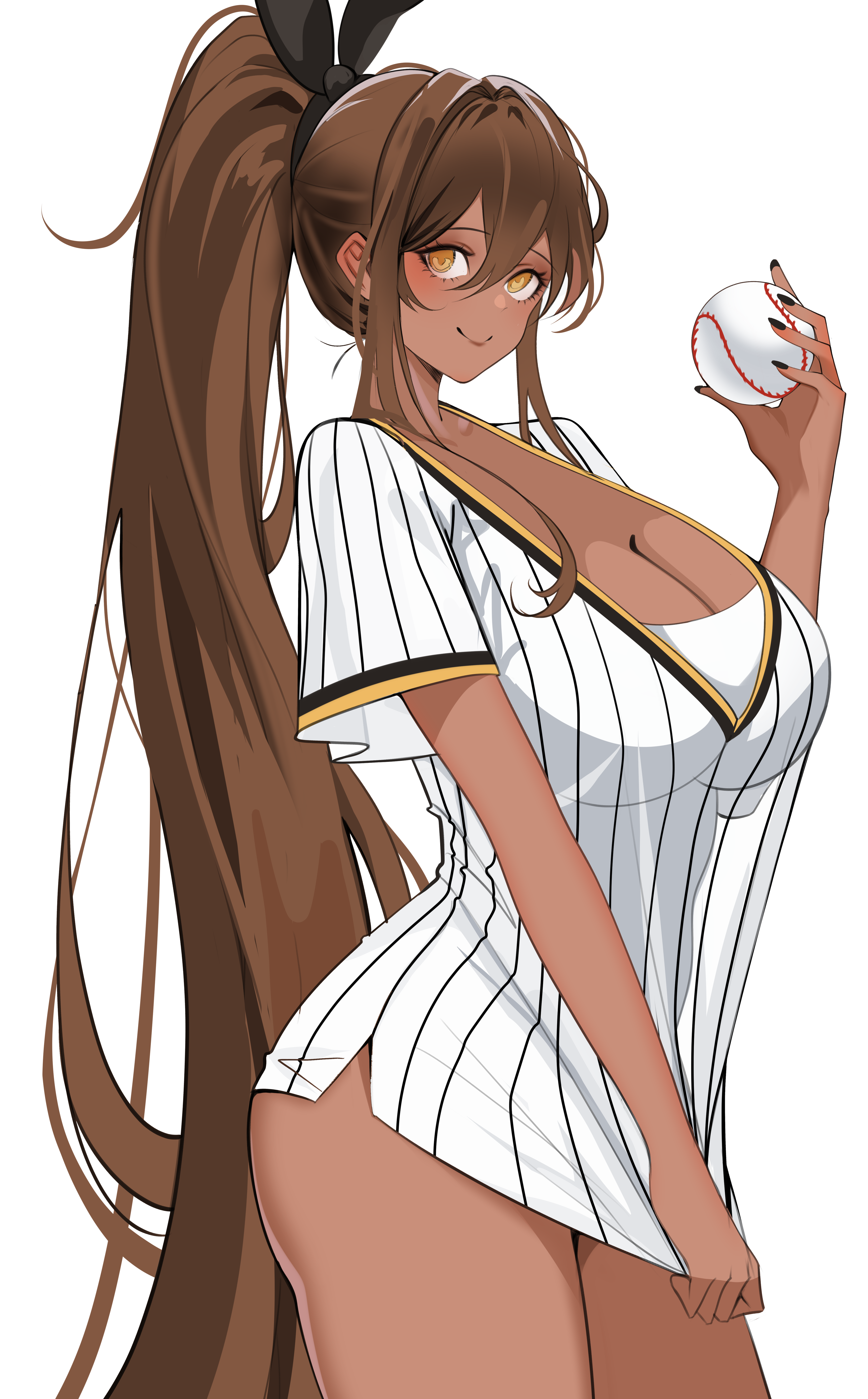 velmillix, noir (baseball cheerleader) (nikke), noir (nikke), goddess of victory: nikke, absurdres, commentary, english commentary, highres, 1girl, ball, baseball, black ribbon, blush, bra, breasts, brown eyes, brown hair, cleavage, closed mouth, from side, hair between eyes, hair ribbon, holding, holding ball, large breasts, lips, long hair, looking at viewer, official alternate costume, ponytail, ribbon, shirt, shirt overhang, simple background, smile, solo, underwear, very long hair, white background, white bra, white shirt