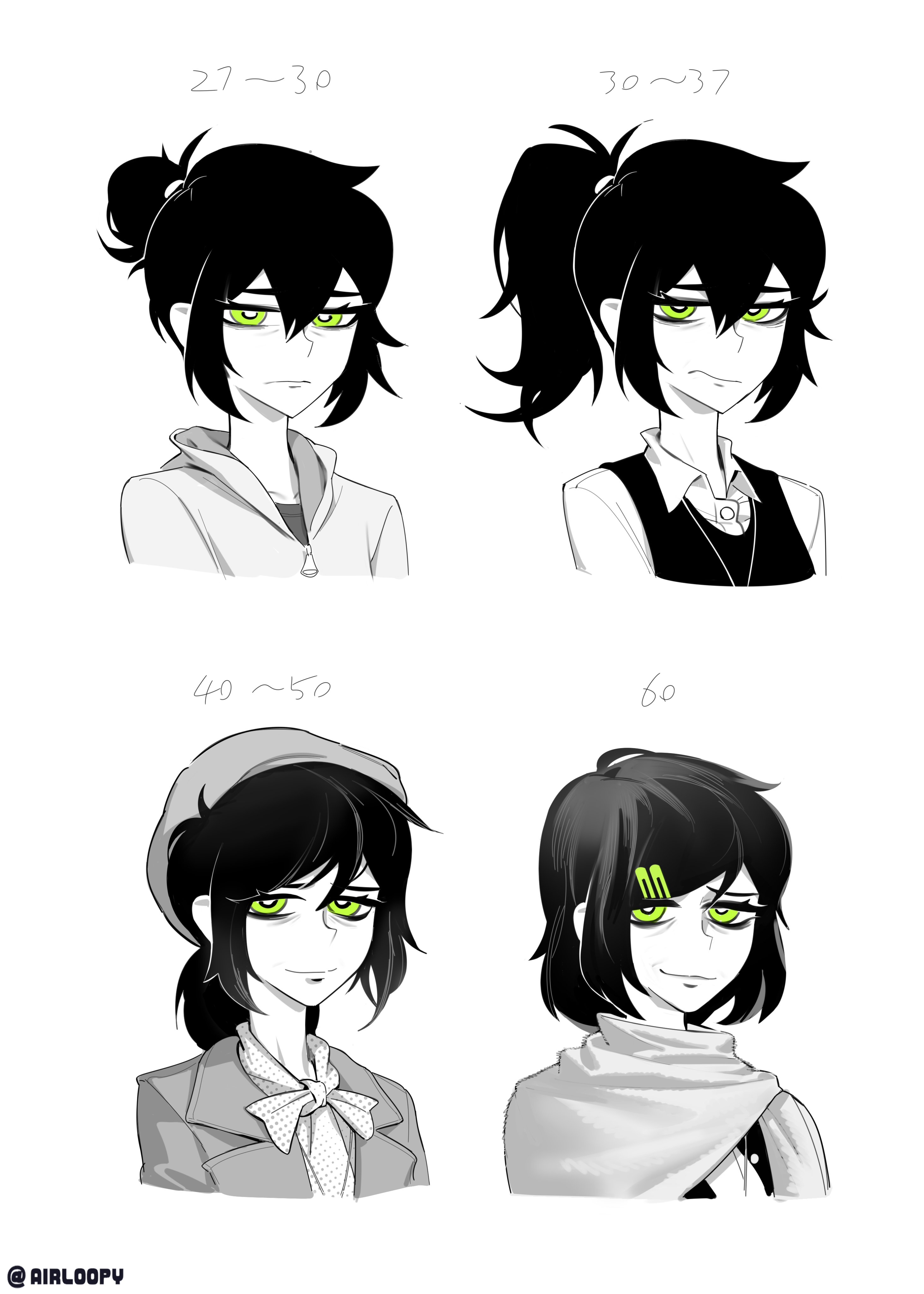 aierlaobo, renee graves, the coffin of andy and leyley, absurdres, commentary, english commentary, highres, 1girl, age progression, arms at sides, bags under eyes, beanie, bow, bowtie, bright pupils, buttons, character age, closed mouth, collared shirt, cropped shoulders, double-parted bangs, frown, green eyes, greyscale, hair between eyes, hair bun, hair ornament, hair tie, hairclip, half-closed eyes, hat, high contrast, high ponytail, hood, hood down, hoodie, jacket, jewelry, lapels, looking at viewer, low ponytail, mature female, monochrome, multiple views, necklace, notched lapels, old, old woman, open clothes, open jacket, parallel hairclips, ponytail, scarf, shirt, short hair, sidelocks, simple background, single hair bun, smile, spot color, sweater vest, wavy mouth, white background, zipper