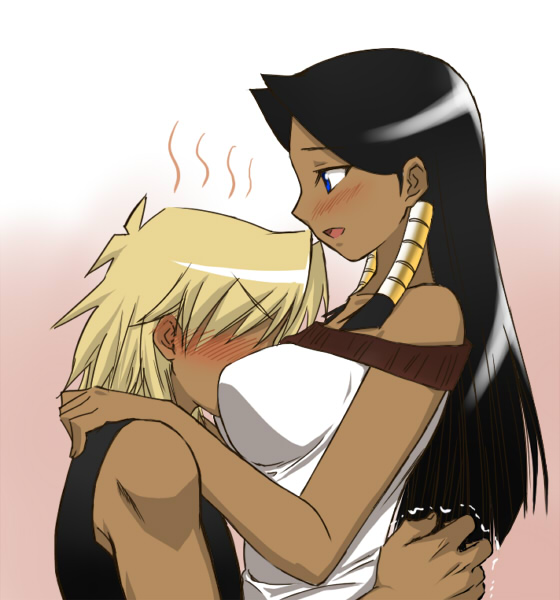 ishizu ishtar, marik ishtar, yu-gi-oh!, yu-gi-oh! duel monsters, 1boy, 1girl, ancient egyptian, blush, breast smother, breasts, brother and sister, cleavage, dark-skinned female, dark-skinned male, dark skin, face to breasts, siblings, smile