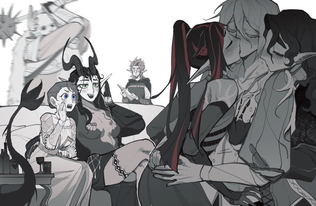 reeeeehannnnnn, dawn knight (twisted wonderland), lilia vanrouge, lilia vanrouge (general's armor), maleanor draconia, twisted wonderland, chinese commentary, clothing request, commentary request, 2girls, 5boys, asymmetrical bangs, bald, bare shoulders, baur zigvolt, blue eyes, blunt ends, blurry, blush, bottle, boy sandwich, breasts, cape, claw ring, cocked eyebrow, collarbone, couch, cowboy shot, crossed legs, cup, depth of field, design speculation, dragon girl, dragon horns, dragon tail, dress, drinking glass, earrings, fang, fingernails, french kiss, frilled dress, frilled sleeves, frills, front-to-back, fur cape, gloves, green eyes, grin, hair between eyes, hair slicked back, hand on another's chest, hand on another's hip, hand on lap, hand up, hands on another's back, henrick istvan, hickey, high ponytail, holding, holding bottle, holding mace, holding weapon, horns, imminent death, jewelry, jitome, kiss, kissing neck, leaning forward, long hair, long pointy ears, long sleeves, looking at another, loose hair strand, mace, medium breasts, monochrome, multicolored hair, multiple boys, multiple girls, netorase, nose blush, on couch, outline, pantyhose, pointy ears, ponytail, puffy long sleeves, puffy sleeves, queen leah (twisted wonderland), raised inner eyebrows, raverne draconia, rectangular mouth, red streaks, sandwiched, see-through cleavage, see-through clothes, side-by-side, side slit, simple background, sitting, slit pupils, small sweatdrop, smile, spiked mace, spikes, spot color, straight hair, streaked hair, swinging weapon, tail, thick eyebrows, turtleneck, wavy hair, weapon, white background, white outline, wine bottle, wine glass, yaoi